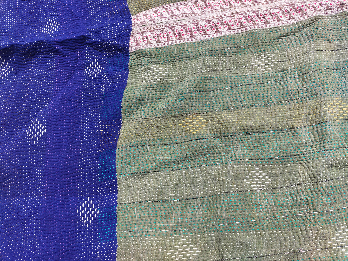 Vintage Patchwork Kantha Blanket Quilt From West Bengal, India Made From Recycled Cotton Saris Hand-Stitched Together.