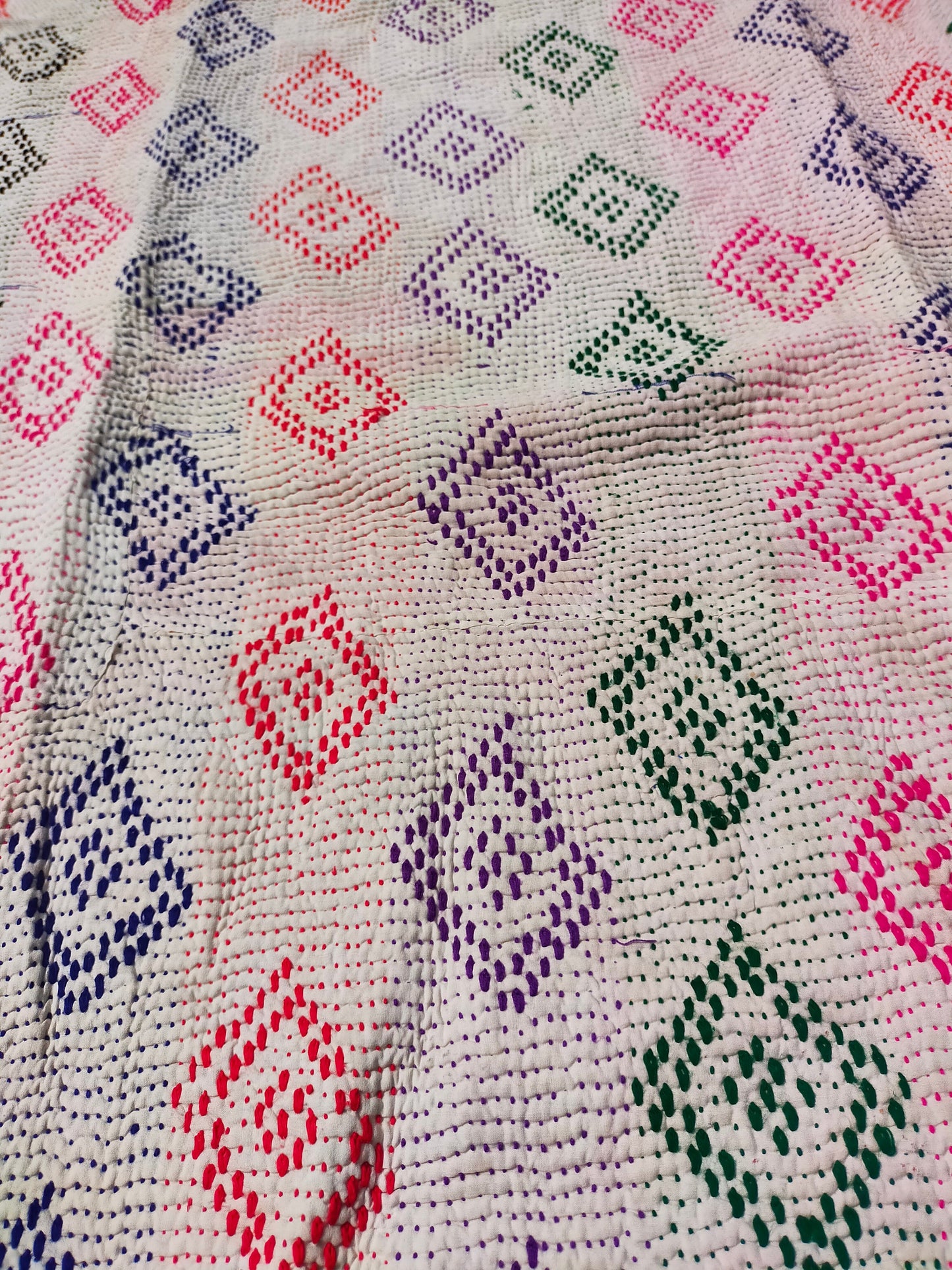 Vintage Bengali Hand-Stitched Patchwork Kantha Quilt From India Made From Recycled Cotton Saris