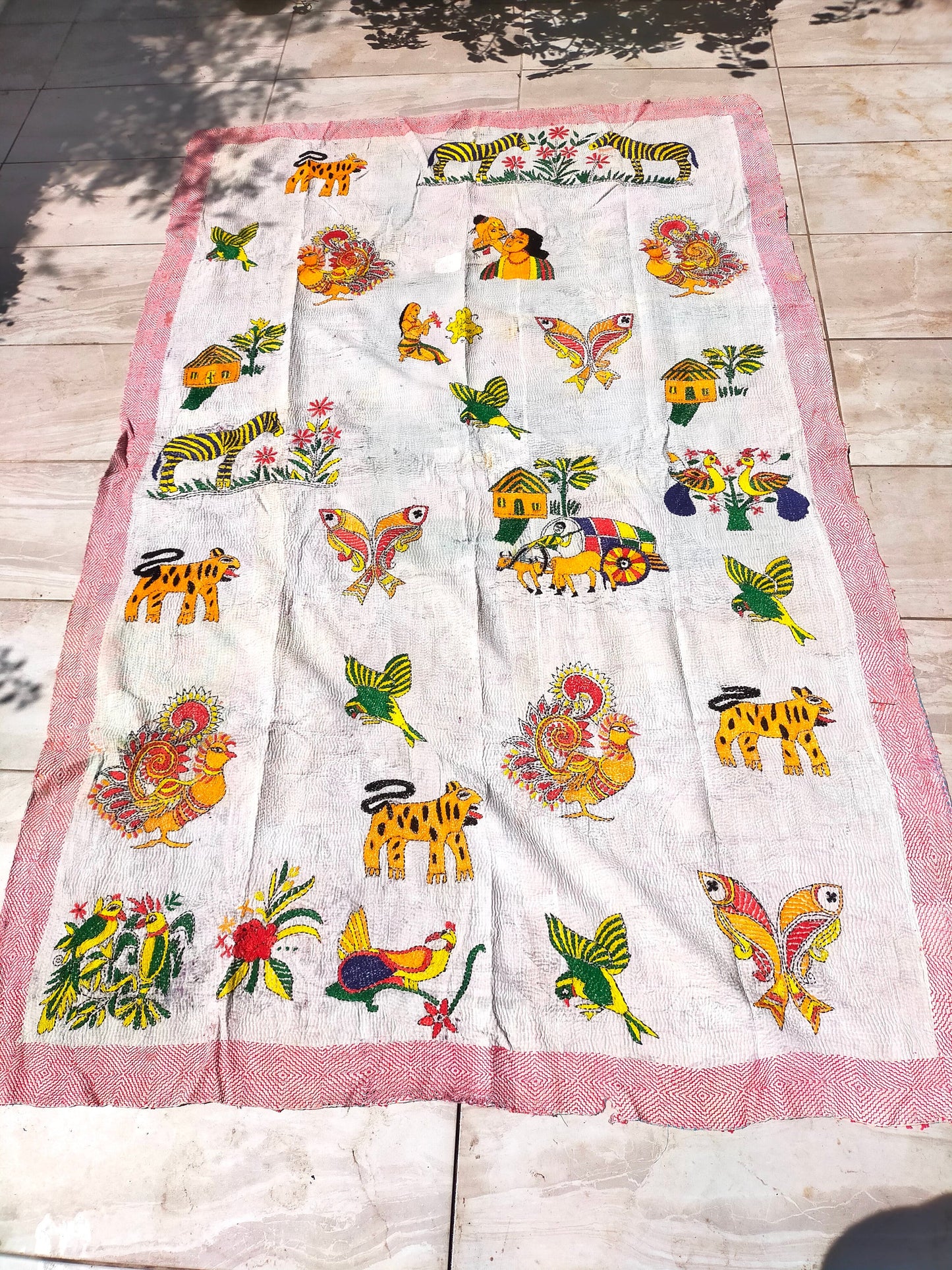 Vintage Patchwork Kantha Quilt From India Made From Recycled Cotton Saris Hand Stitched Together.