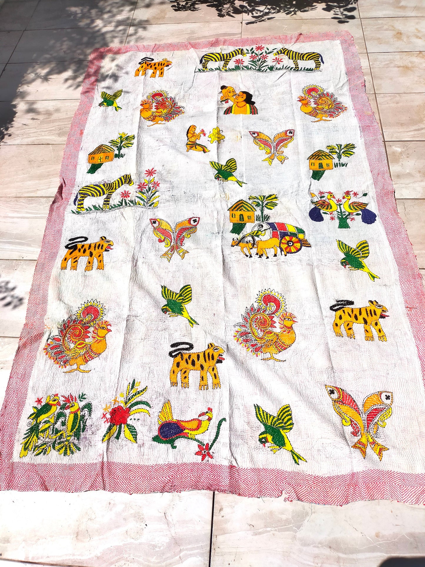 Vintage Patchwork Kantha Quilt From India Made From Recycled Cotton Saris Hand Stitched Together.
