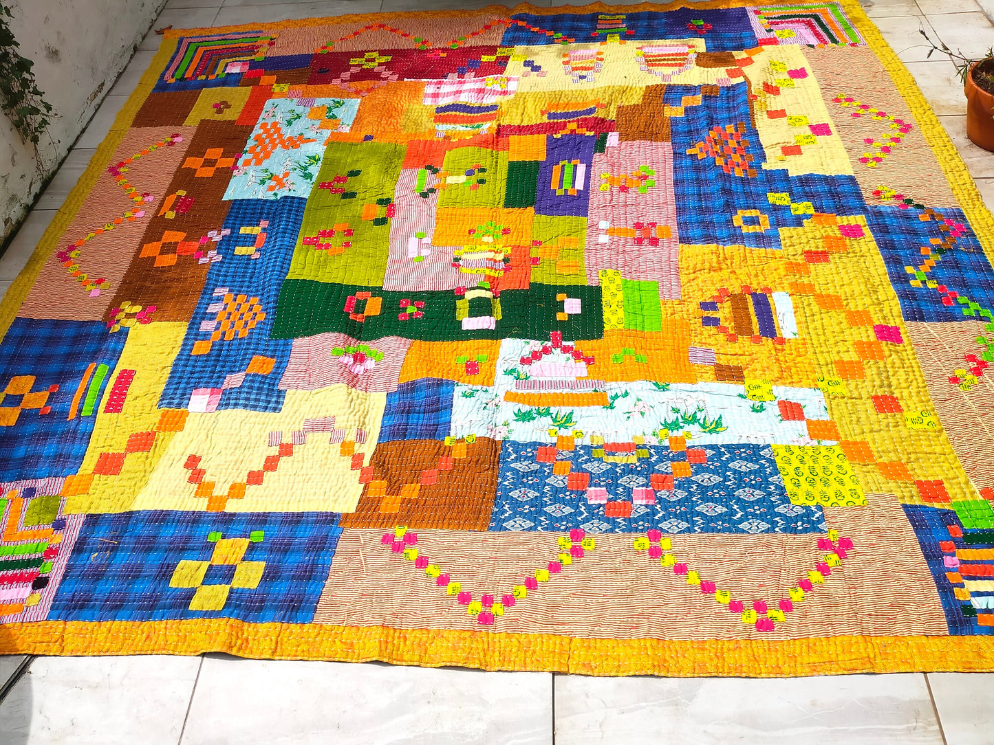 A Siddi Kawandi - A Patchwork Kantha Blanket Or Throw, Made With Recycled Cotton - Hand-Stitched By African Indian Women In India