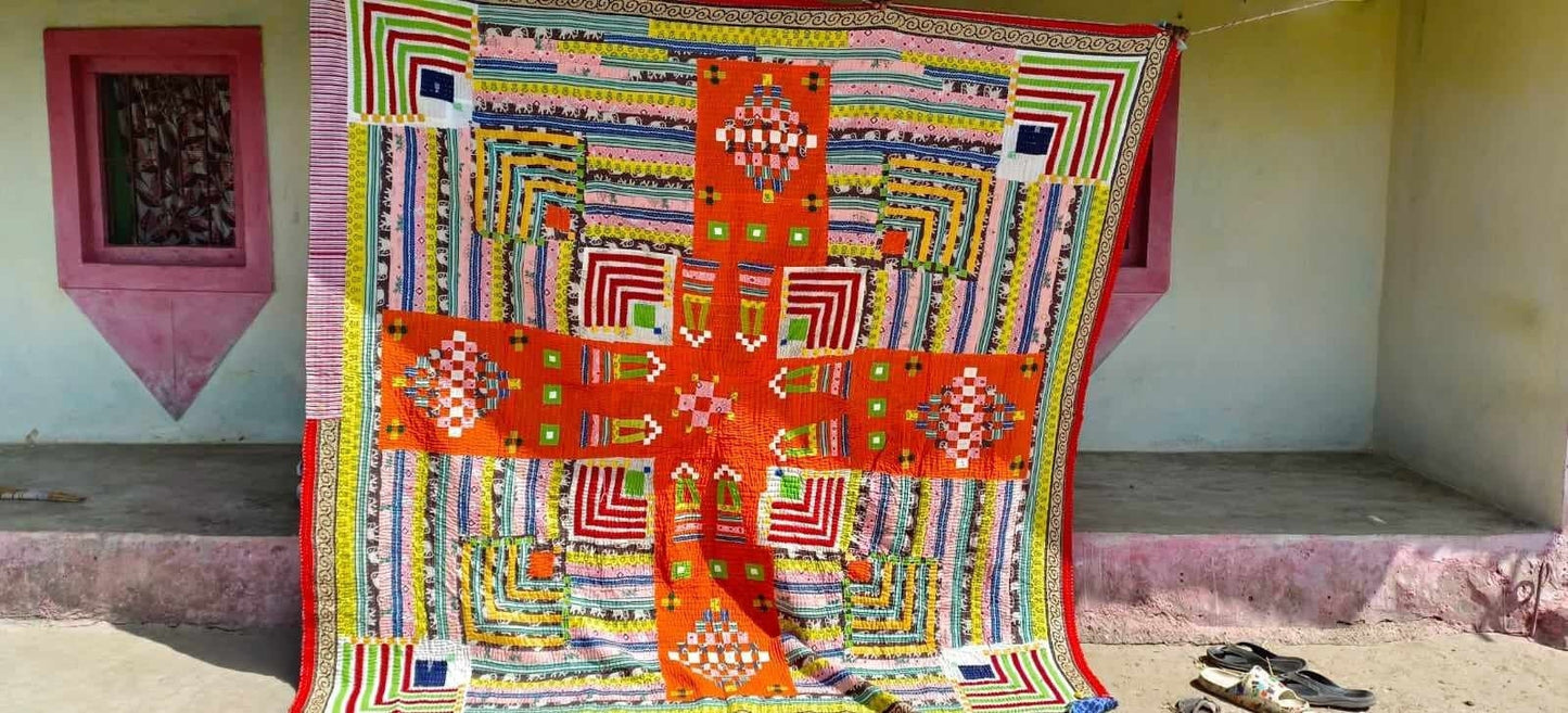 A Siddi Kawandi - A Large Patchwork Kantha Blanket Or Throw, Made With Upcycled Cotton - Hand-Stitched By African Indian Women In India
