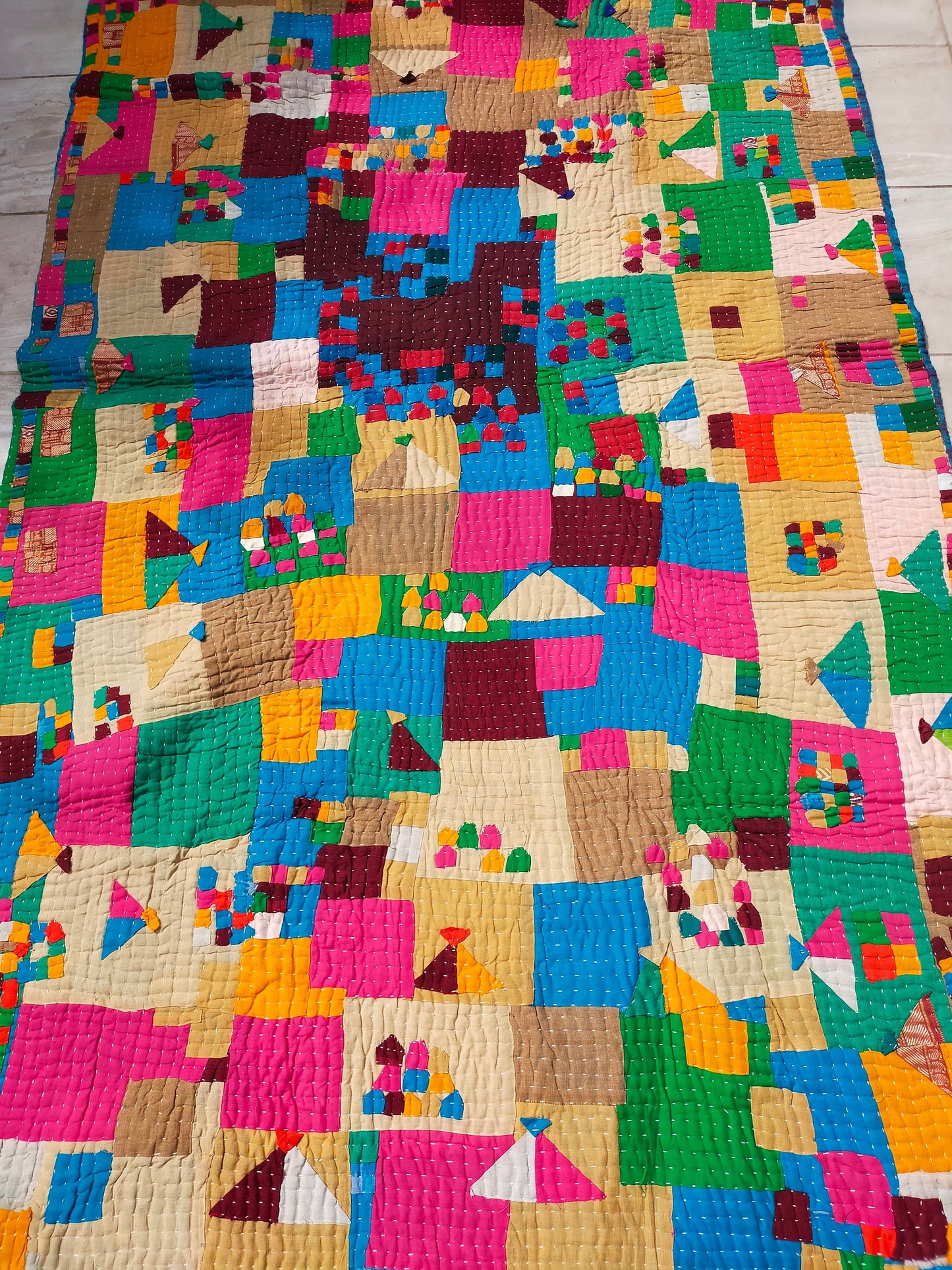 A Siddi Kawandi - A Patchwork Kantha Single Blanket Or Throw, Made With Upcycled Cotton - Hand-Stitched By Women In India
