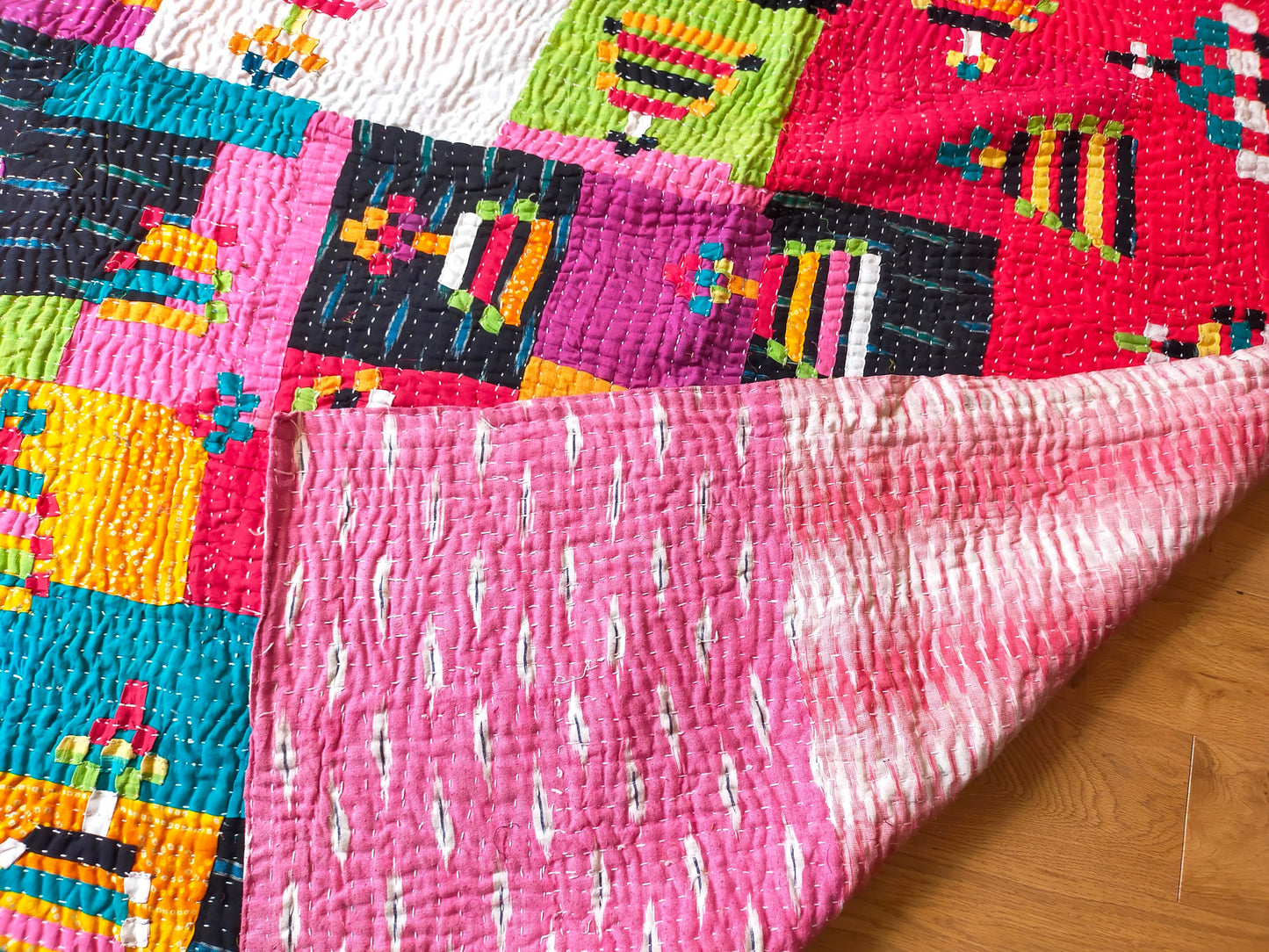 Siddi Kawandi - A Patchwork Kantha Single Quilt Or Throw, Made With Recycled Cotton - Hand-Stitched By African Indian Women In India