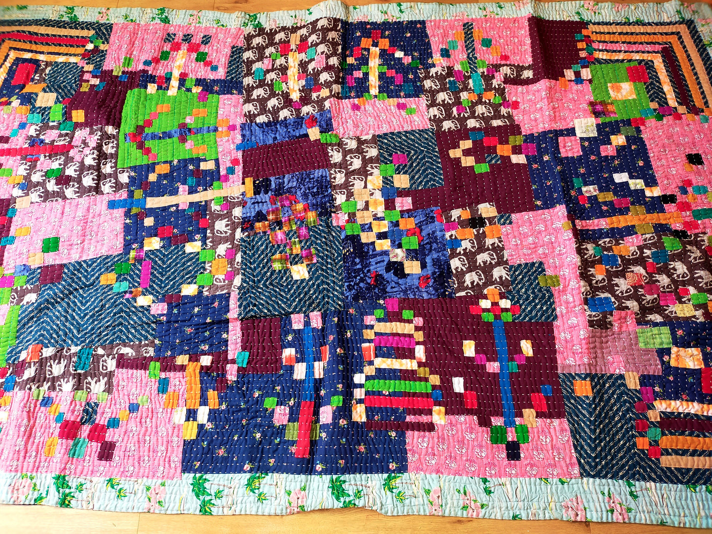 Siddi Kawandi - A Patchwork Kantha Single Quilt Or Throw, Made With Recycled Cotton - Hand-Stitched By African Indian Women In Karnataka