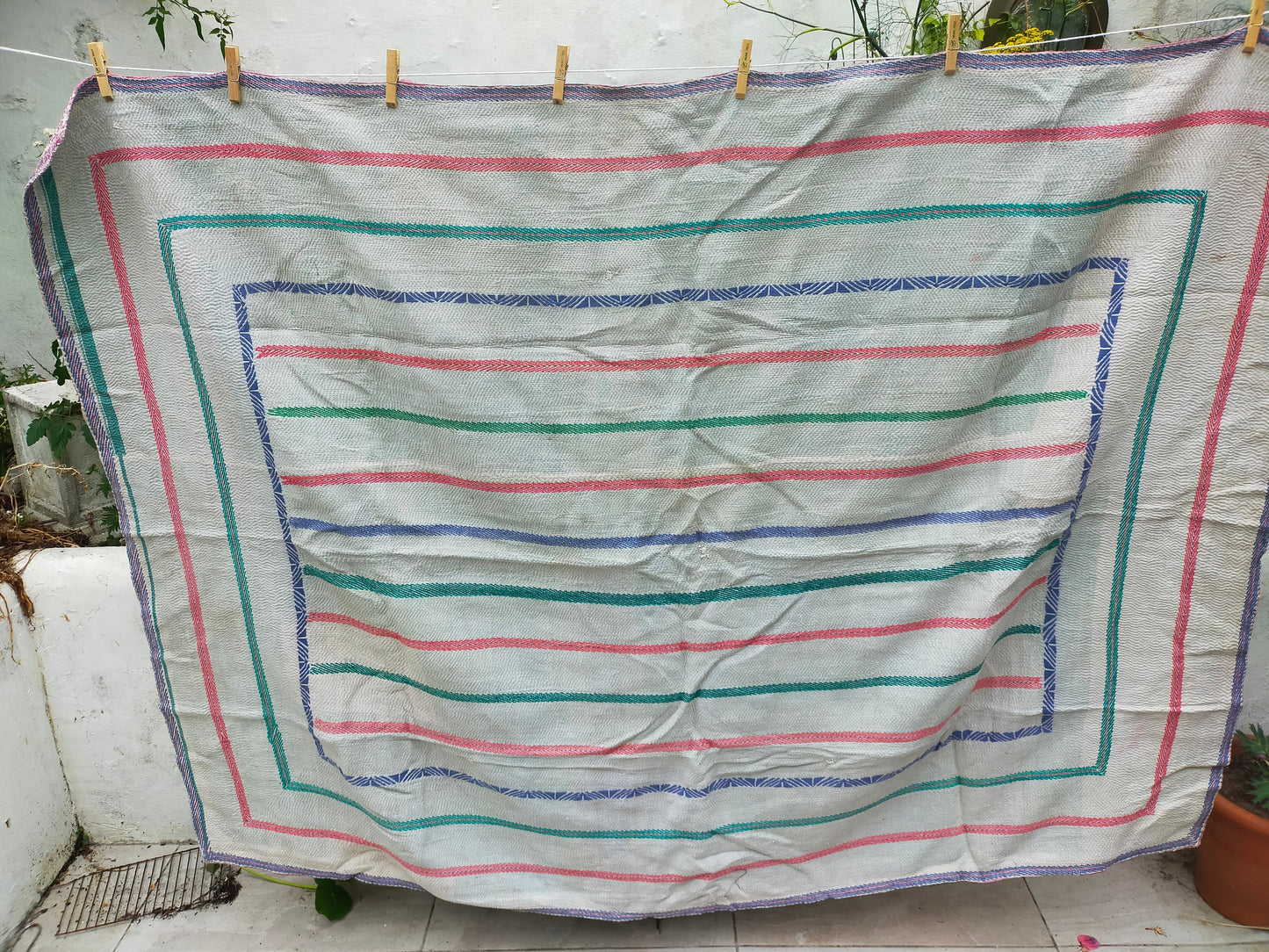 Vintage Hand Stitched Patchwork Kantha Quilt From India Made From Recycled Cotton Saris Hand Stitched Together. Pink