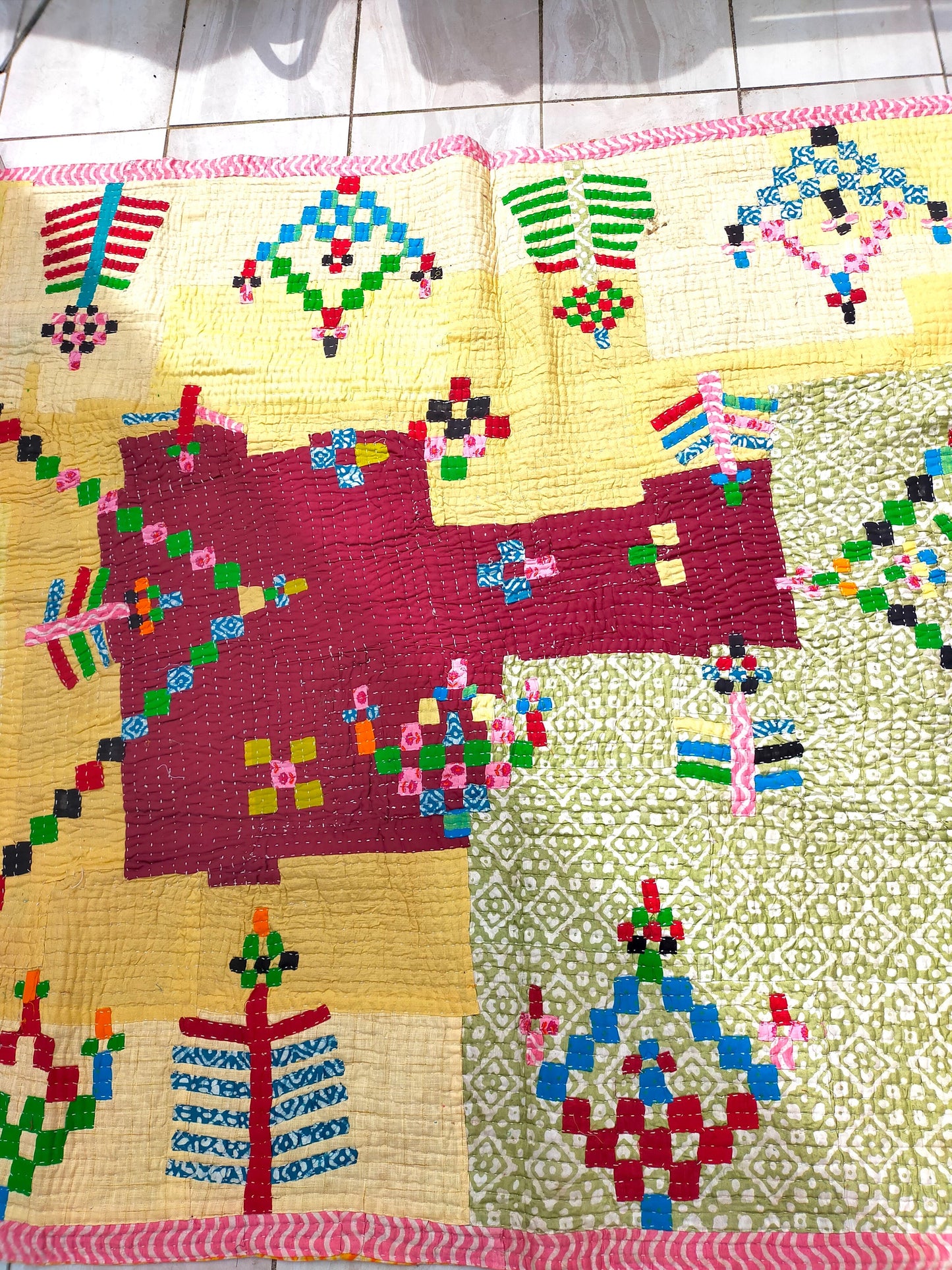 A Rhubarb And Custard Siddi Tribal Patchwork Kawandi Quilted Blanket From India