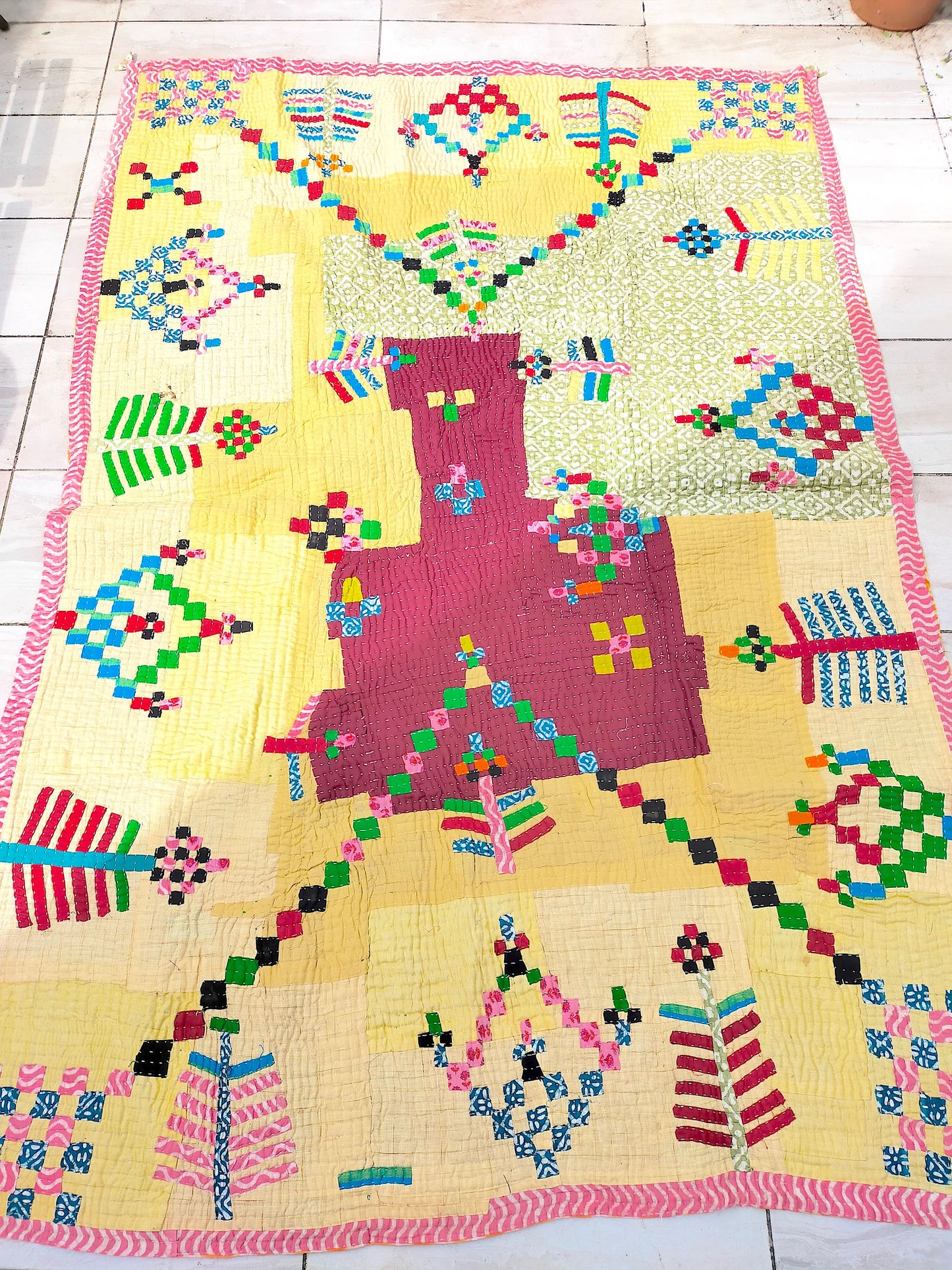 A Rhubarb And Custard Siddi Tribal Patchwork Kawandi Quilted Blanket From India
