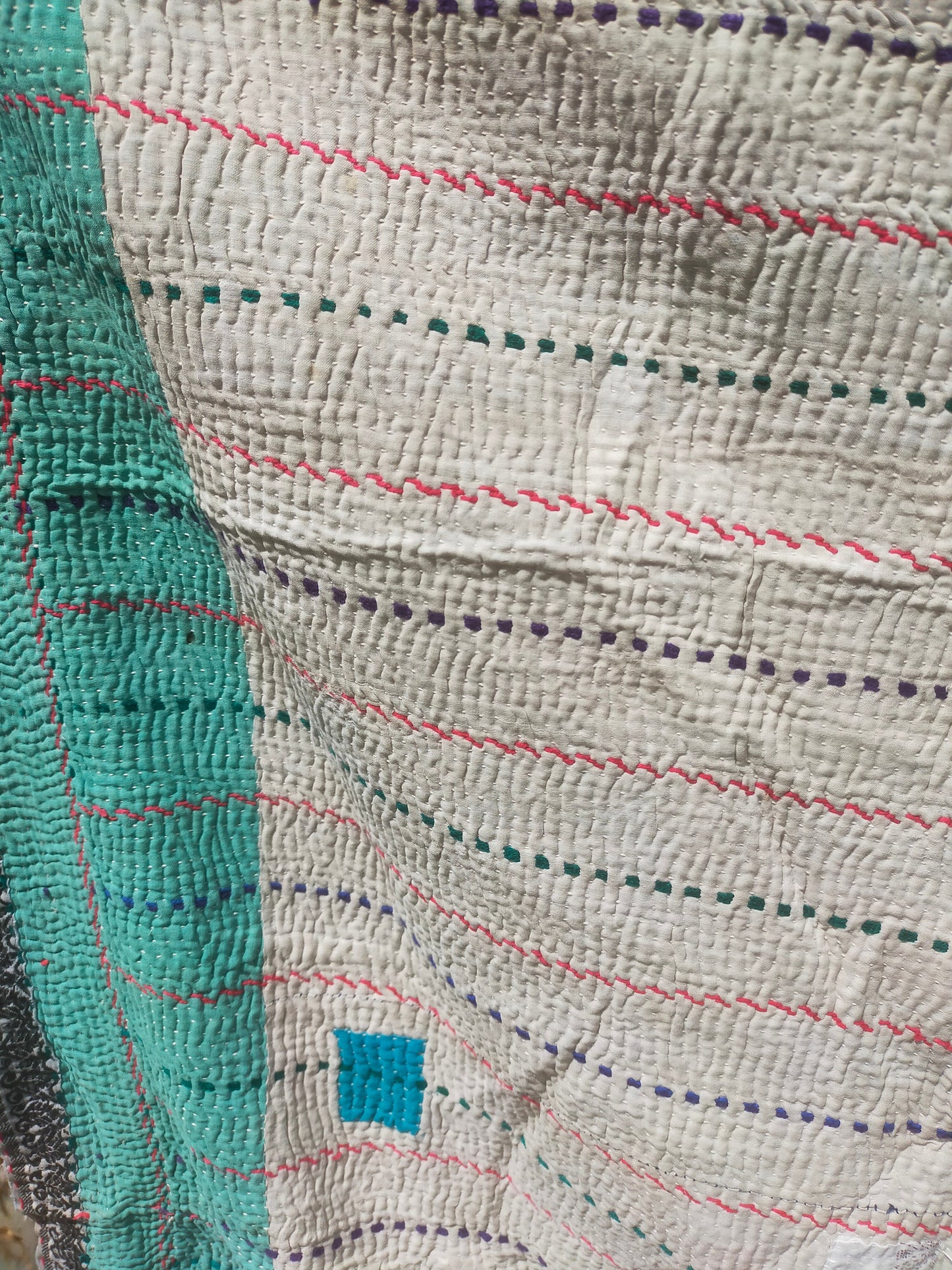 Vintage Hand-Stitched Double Sided Patchwork Kantha Blanket Quilt From India Made From Recycled Cotton Saris Hand Stitched Together.