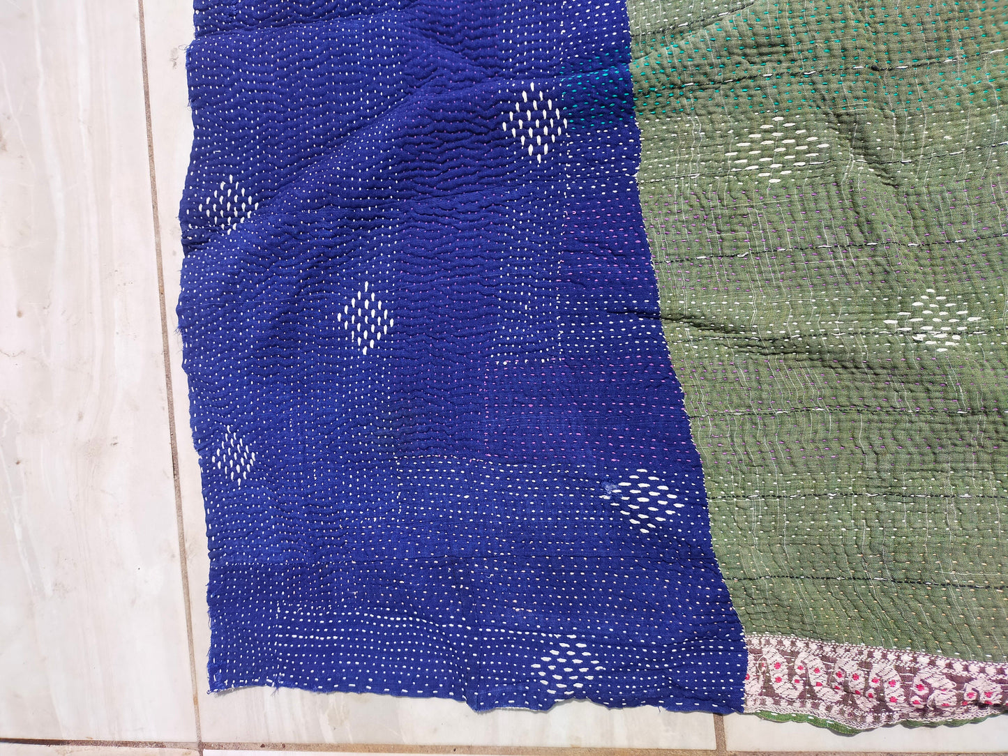 Vintage Patchwork Kantha Blanket Quilt From West Bengal, India Made From Recycled Cotton Saris Hand-Stitched Together.