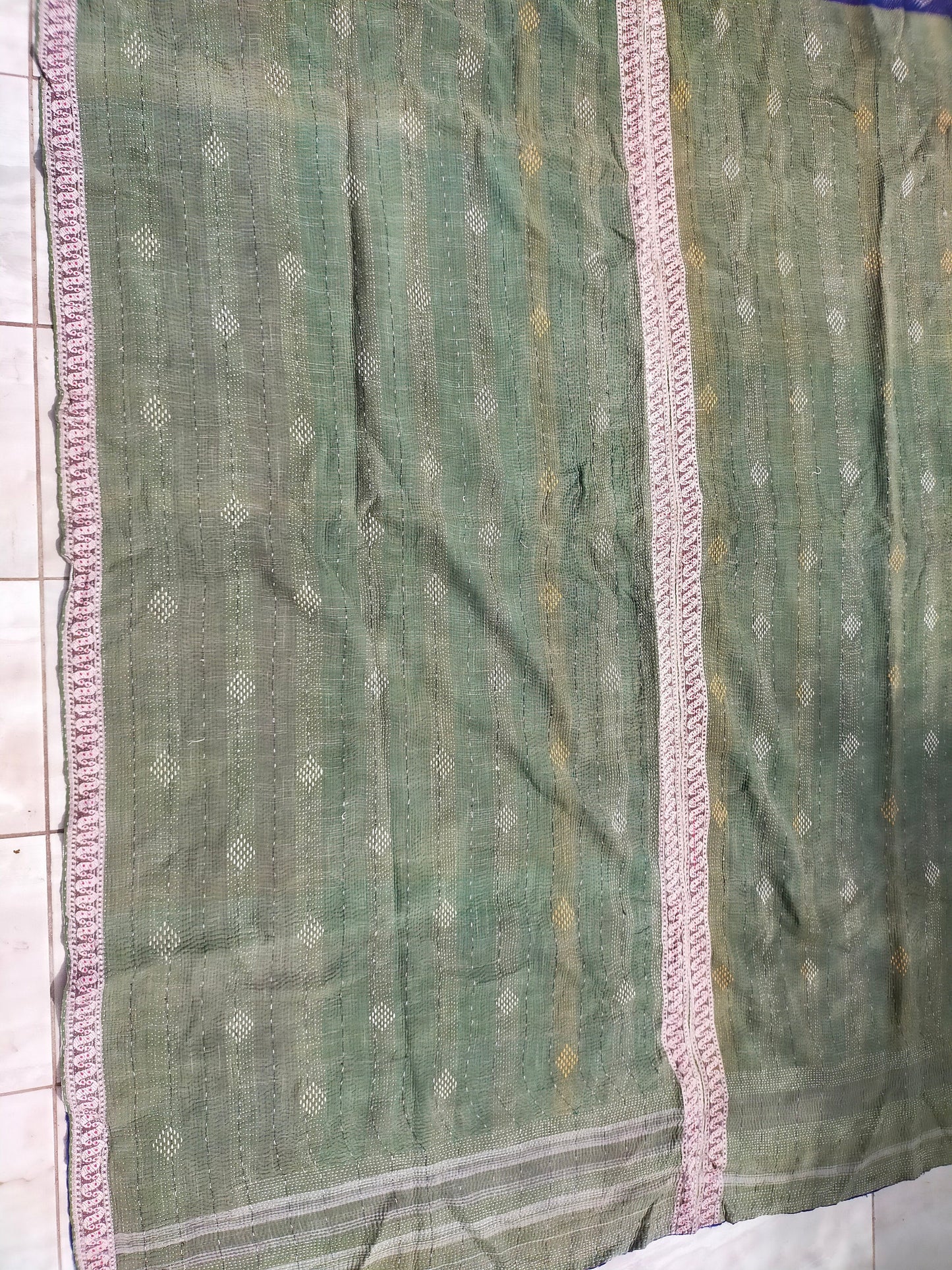 Vintage Patchwork Kantha Blanket Quilt From West Bengal, India Made From Recycled Cotton Saris Hand-Stitched Together.