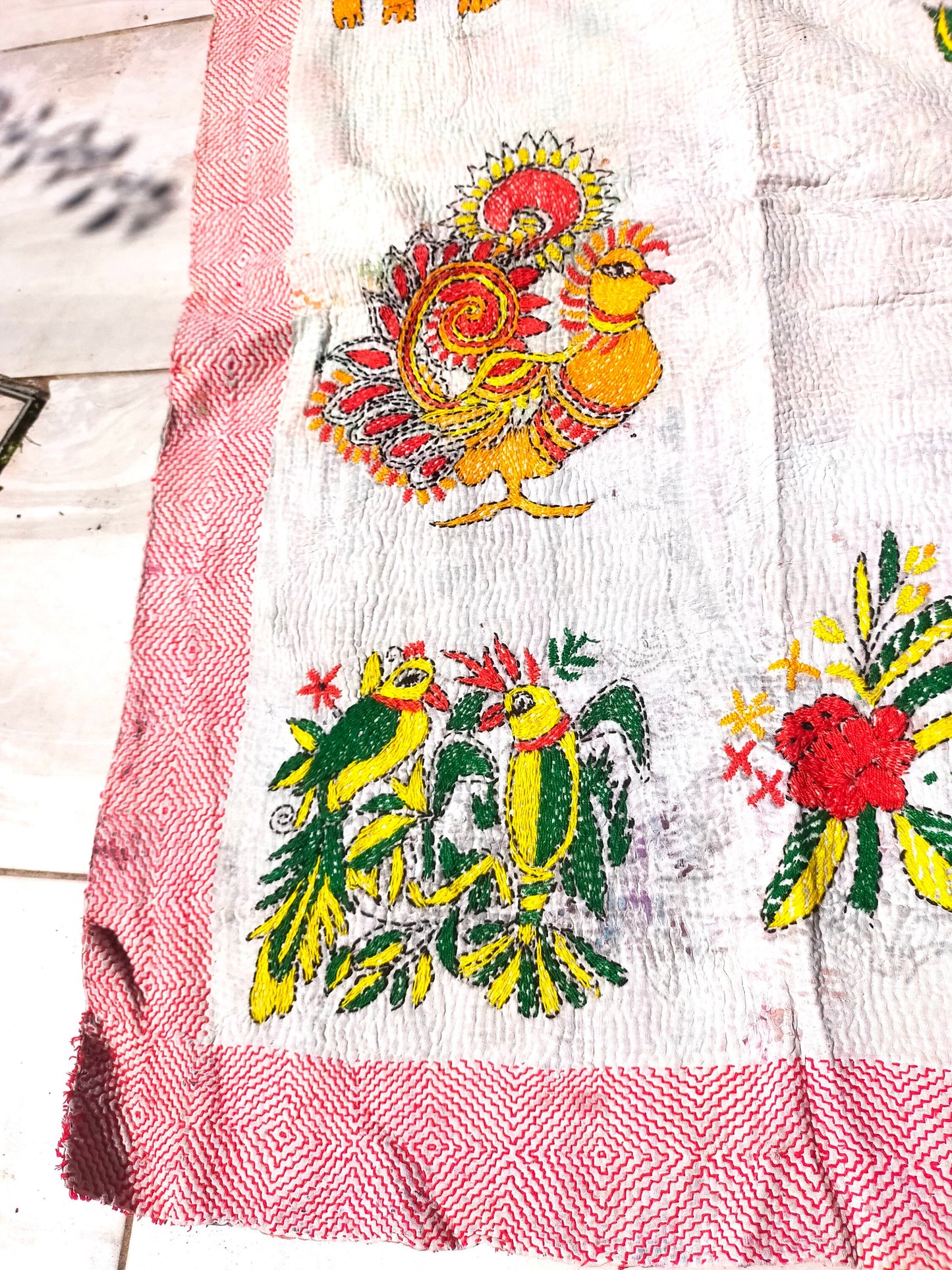 Vintage Patchwork Kantha Quilt From India Made From Recycled Cotton Saris Hand Stitched Together.