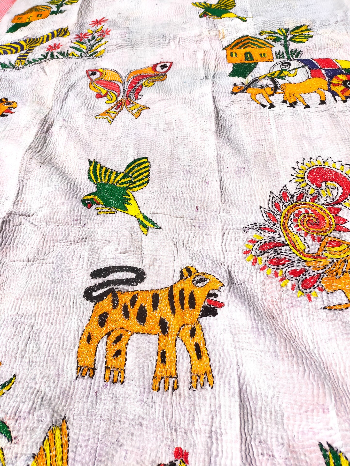 Vintage Patchwork Kantha Quilt From India Made From Recycled Cotton Saris Hand Stitched Together.