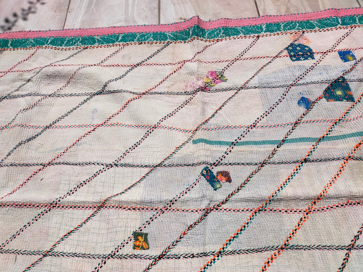 Vintage Hand Stitched Patchwork Kantha Blanket Quilt From India Made From Recycled Cotton Saris Hand Stitched Together.