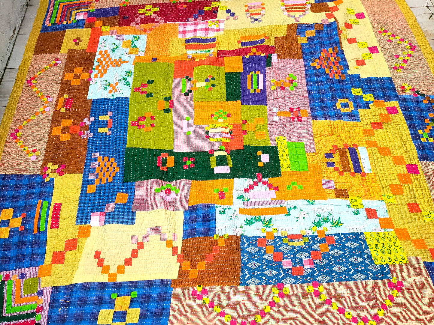 A Siddi Kawandi - A Patchwork Kantha Blanket Or Throw, Made With Recycled Cotton - Hand-Stitched By African Indian Women In India