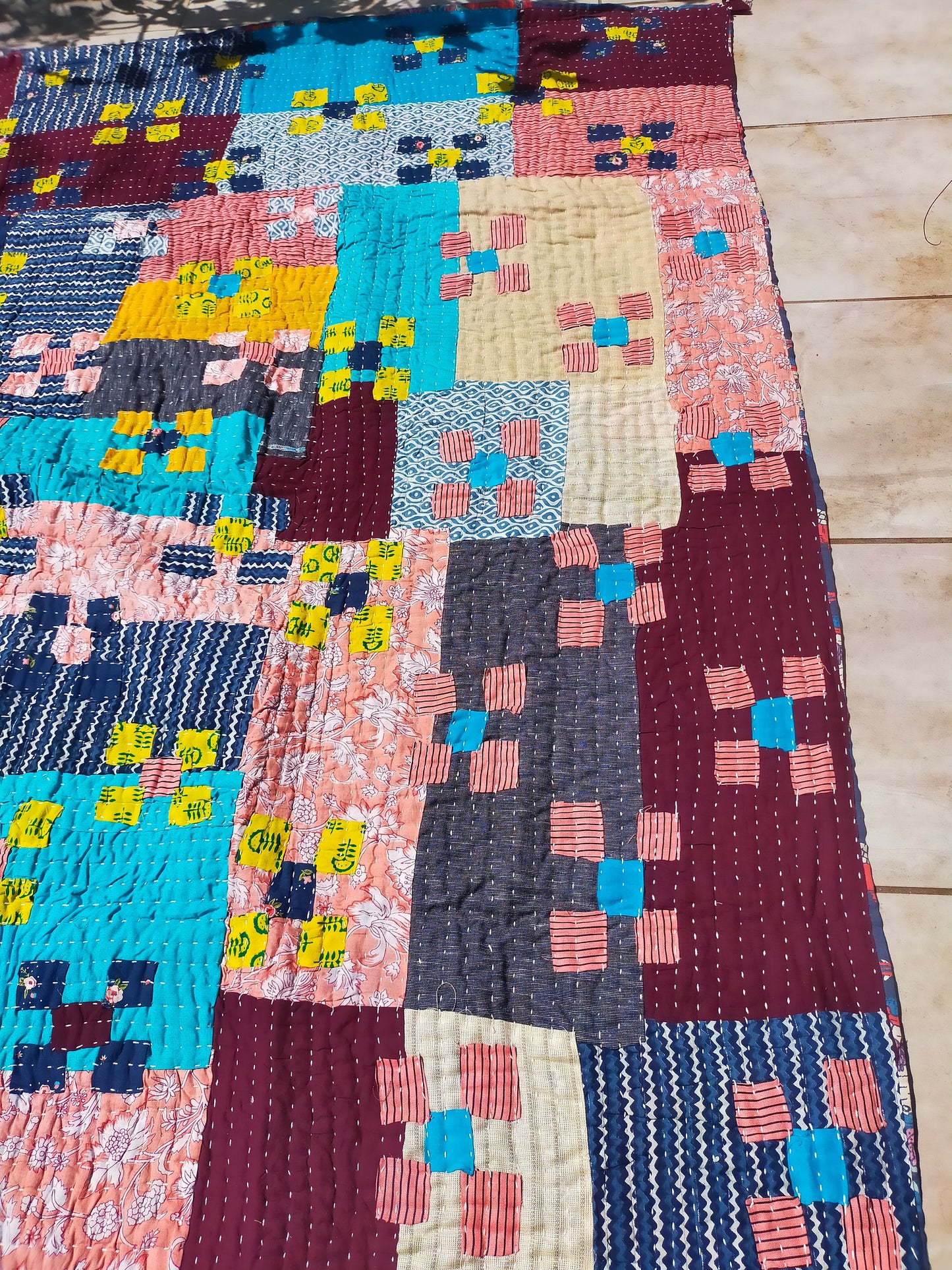 Siddi Kawandi - A Patchwork Kantha Single Blanket Or Throw, Made With Upcycled Cotton - Hand-Stitched By African Indian Women In India