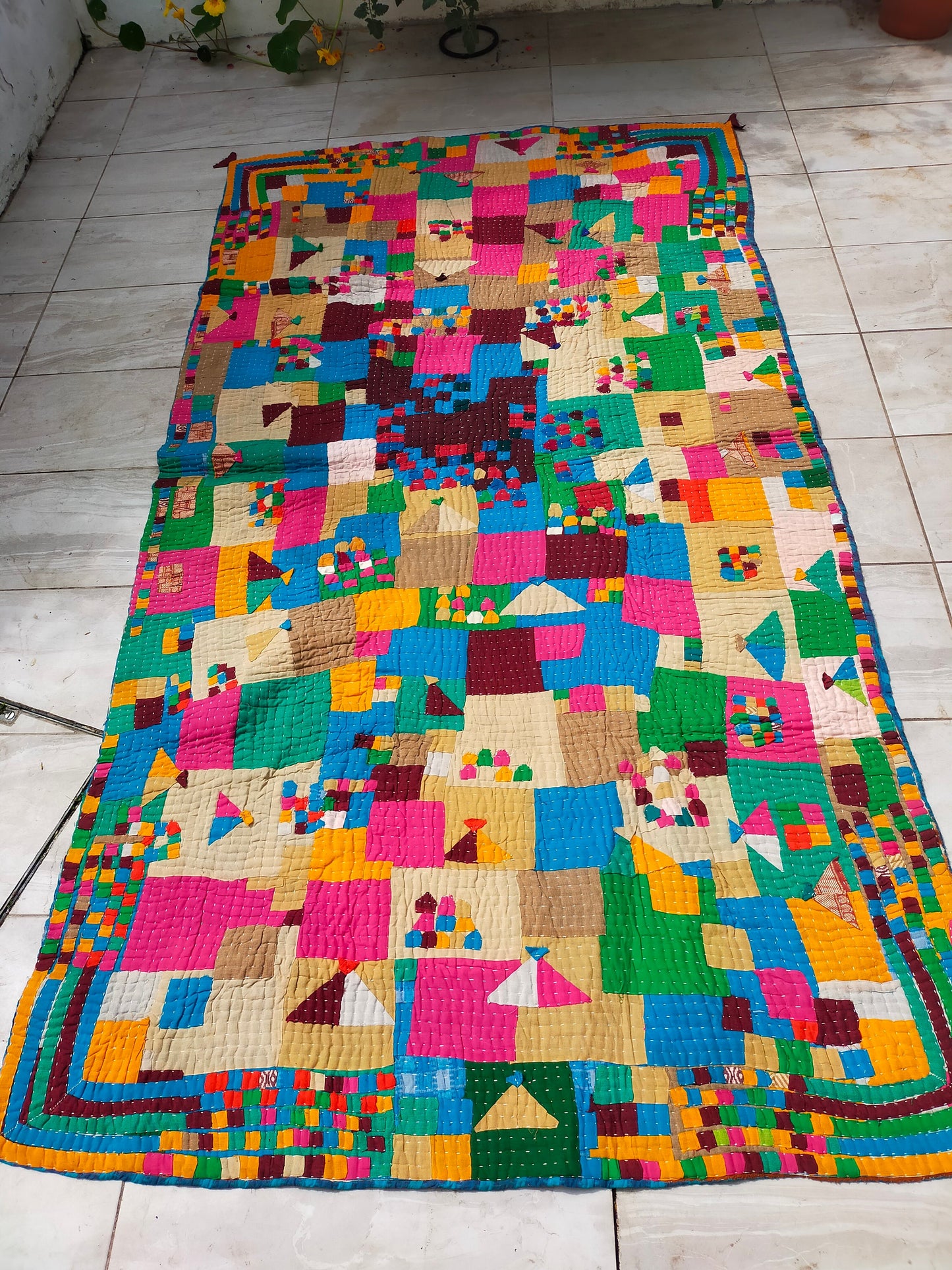 A Siddi Kawandi - A Patchwork Kantha Single Blanket Or Throw, Made With Upcycled Cotton - Hand-Stitched By Women In India