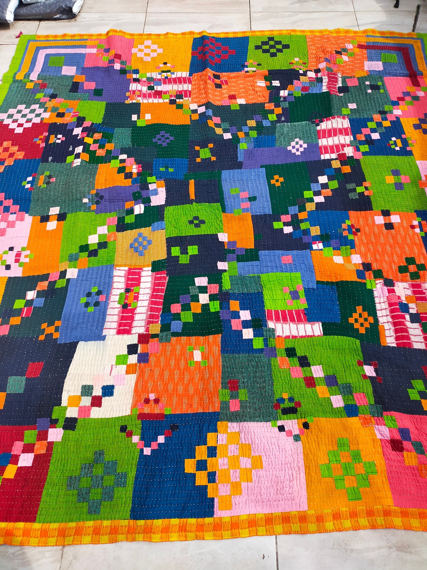 A Siddi Kawandi - Patchwork Textile Art Or Double Blanket, Made With Recycled Cotton Offcuts - Hand-Stitched By African Indian Women In India