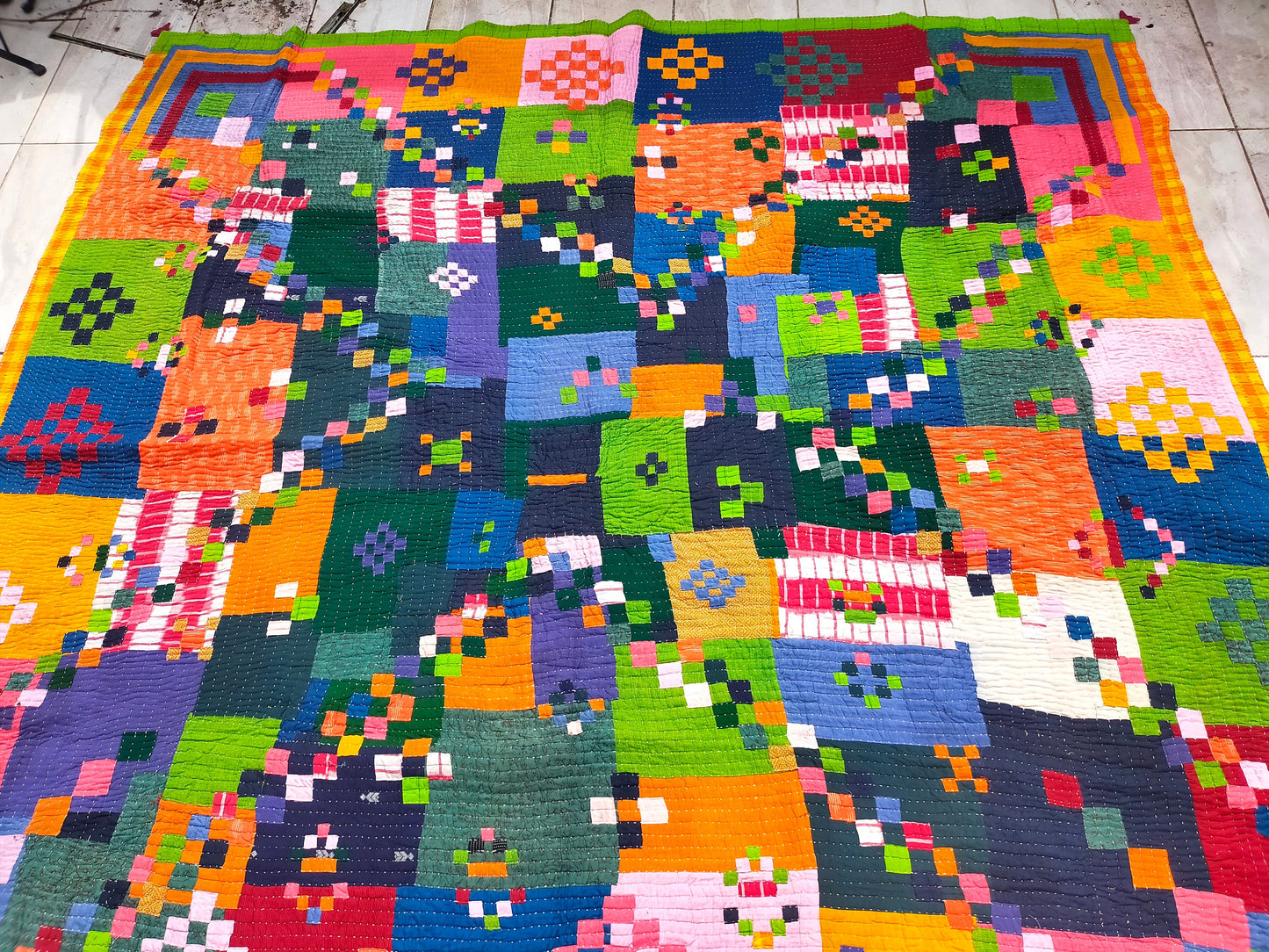 A Siddi Kawandi - Patchwork Textile Art Or Double Blanket, Made With Recycled Cotton Offcuts - Hand-Stitched By African Indian Women In India