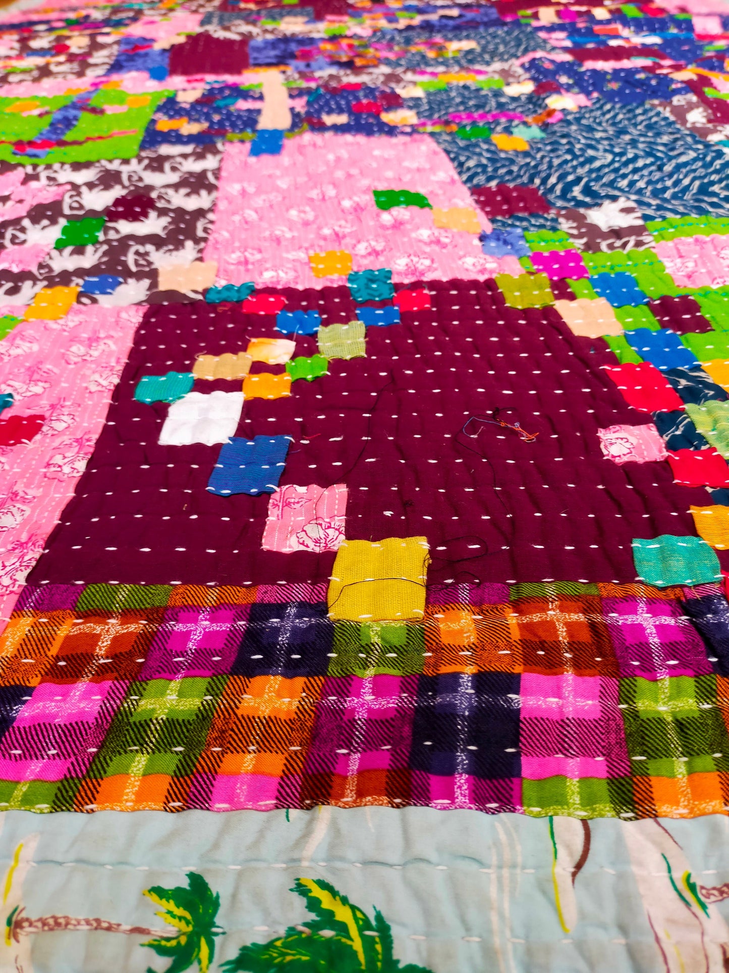 Siddi Kawandi - A Patchwork Kantha Single Quilt Or Throw, Made With Recycled Cotton - Hand-Stitched By African Indian Women In Karnataka