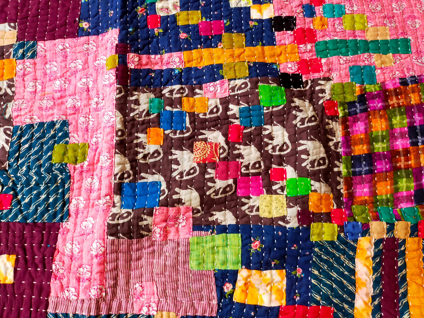 Siddi Kawandi - A Patchwork Kantha Single Quilt Or Throw, Made With Recycled Cotton - Hand-Stitched By African Indian Women In Karnataka