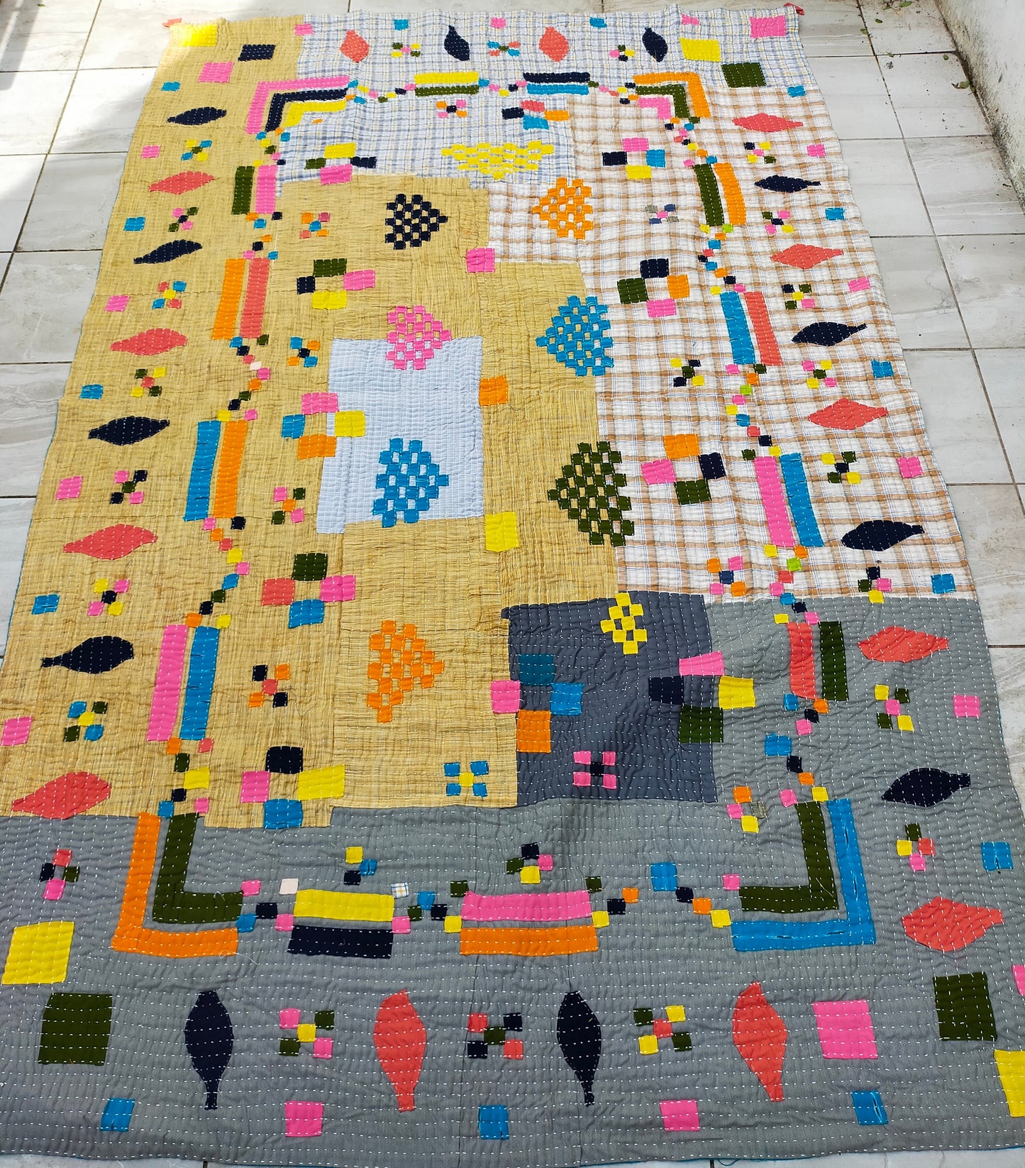A Siddi Kawandi - Patchwork Kantha Blanket Or Throw, Made With Recycled Cotton - Hand-Stitched By African Indian Women In Karnataka