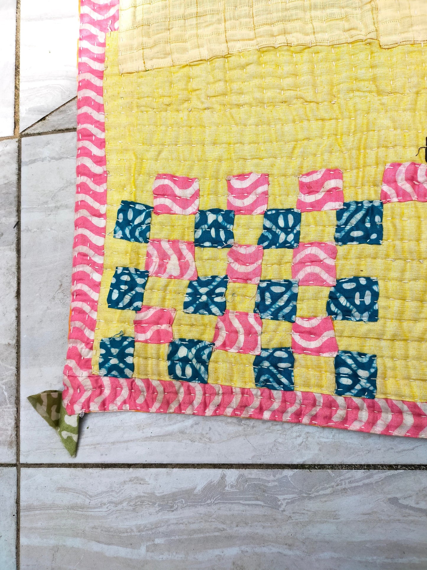 A Rhubarb And Custard Siddi Tribal Patchwork Kawandi Quilted Blanket From India