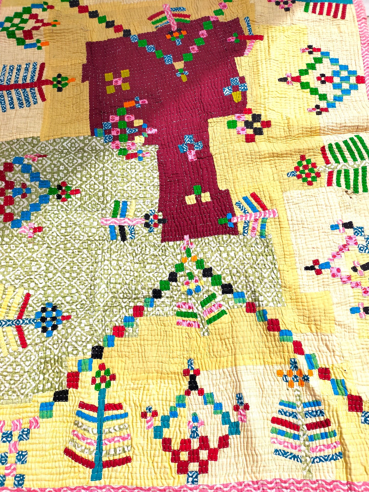 A Rhubarb And Custard Siddi Tribal Patchwork Kawandi Quilted Blanket From India