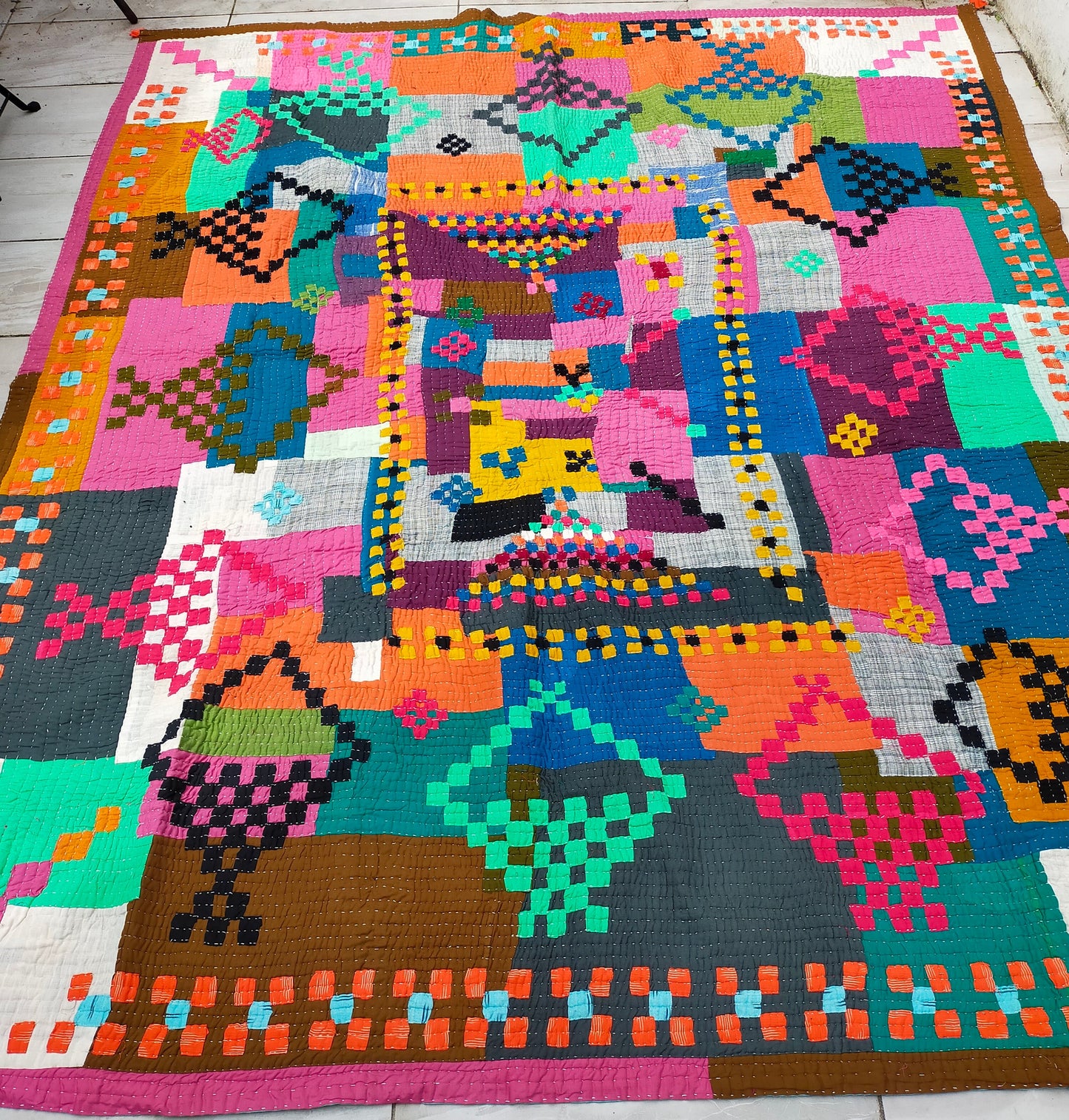 Siddi Kawandi - Patchwork Kantha Blanket Or Throw, Made With Recycled Cotton Offcuts - Hand-Stitched By African Indian Women In Karnataka