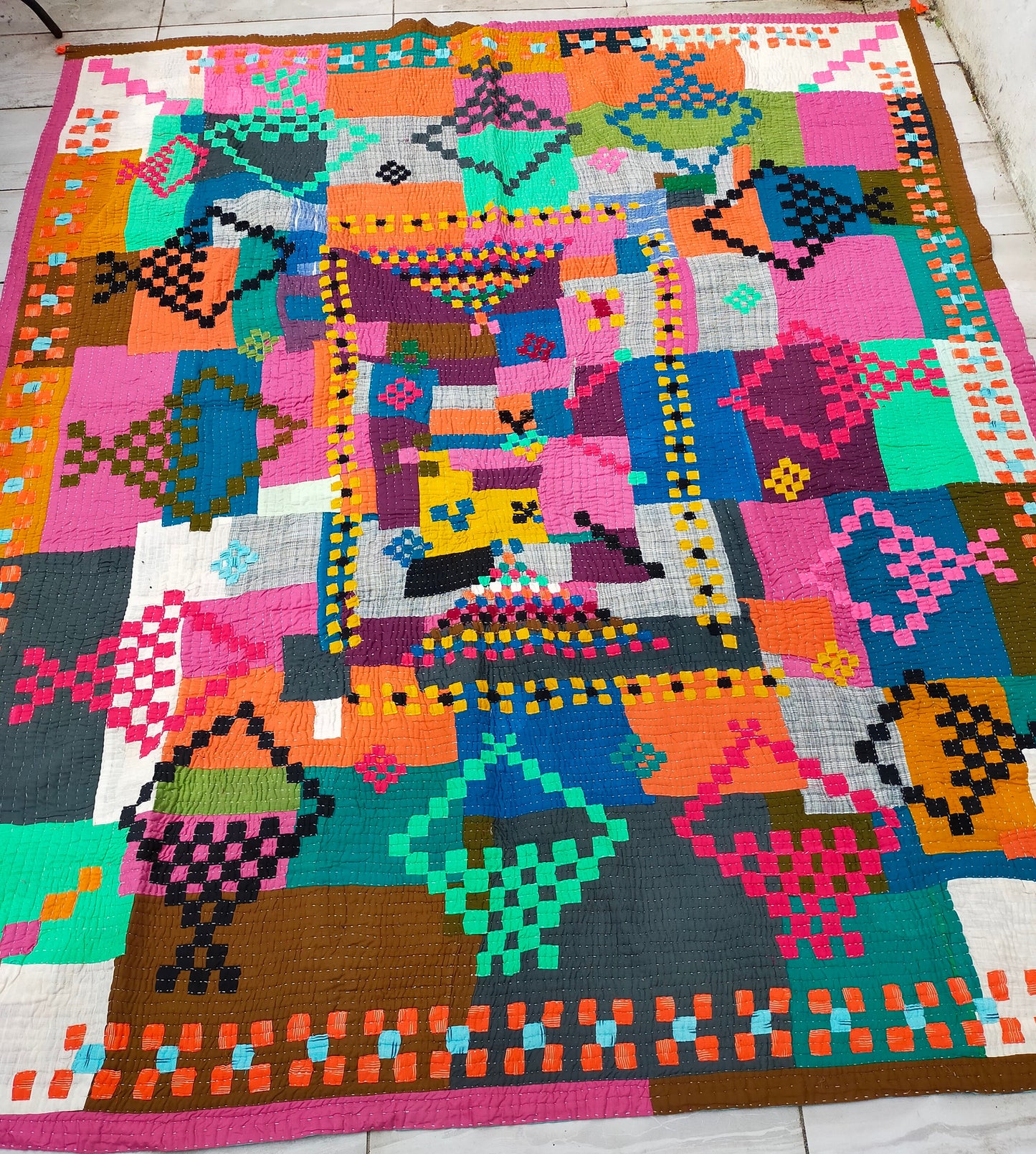 Siddi Kawandi - Patchwork Kantha Blanket Or Throw, Made With Recycled Cotton Offcuts - Hand-Stitched By African Indian Women In Karnataka