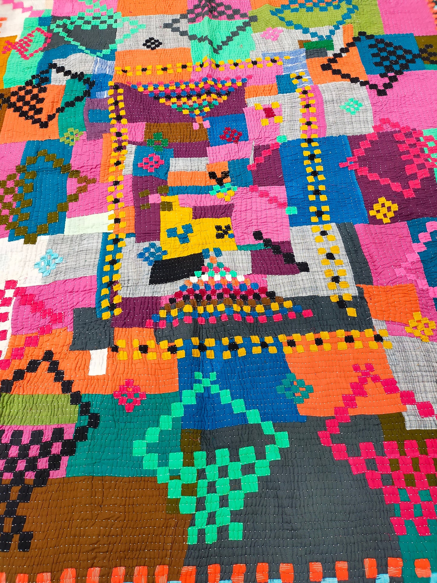 Siddi Kawandi - Patchwork Kantha Blanket Or Throw, Made With Recycled Cotton Offcuts - Hand-Stitched By African Indian Women In Karnataka