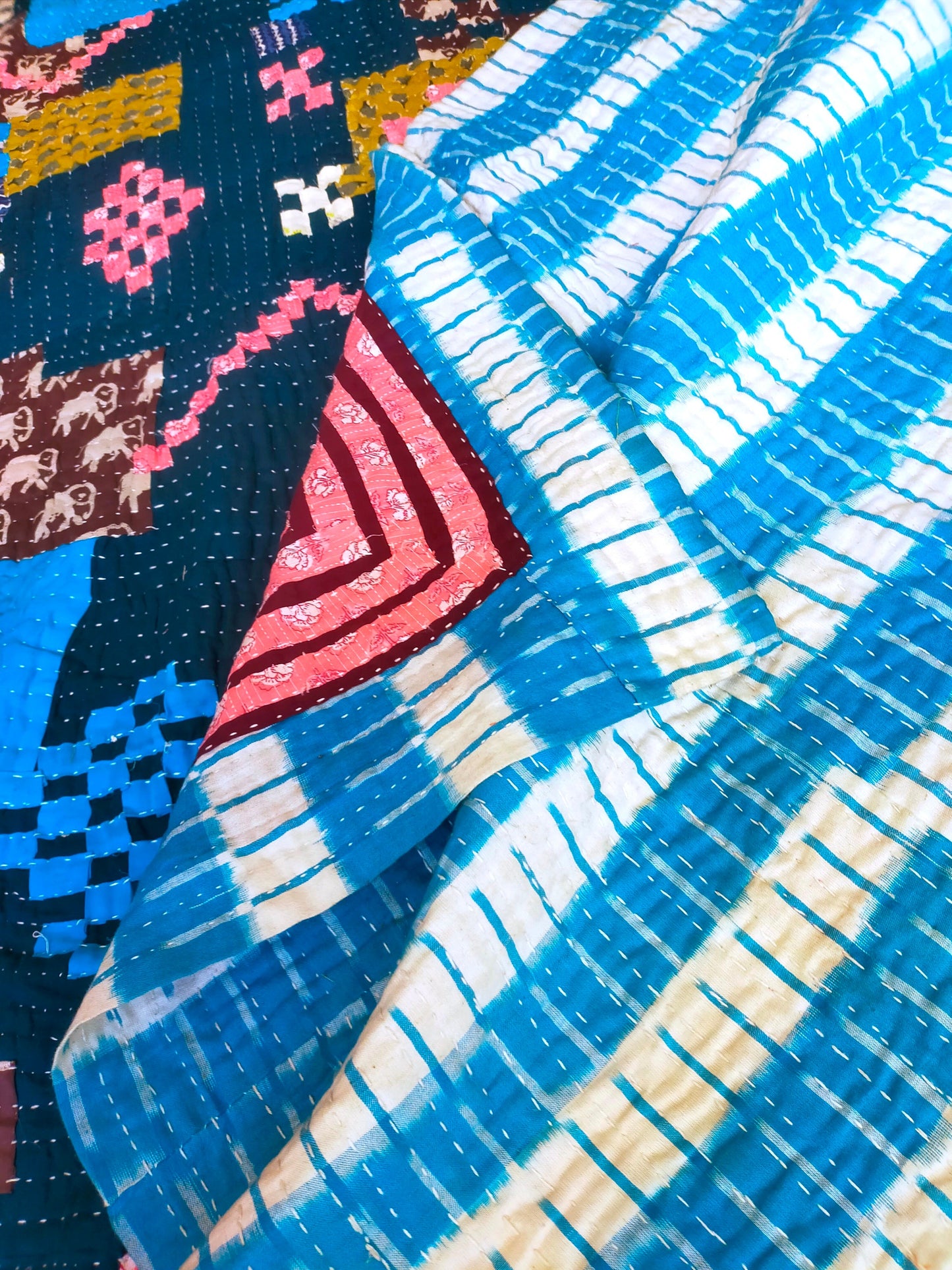 Hand-Stitched Siddi Kawandi Patchwork Quilt Made With Recycled Cotton In India - Like Kantha