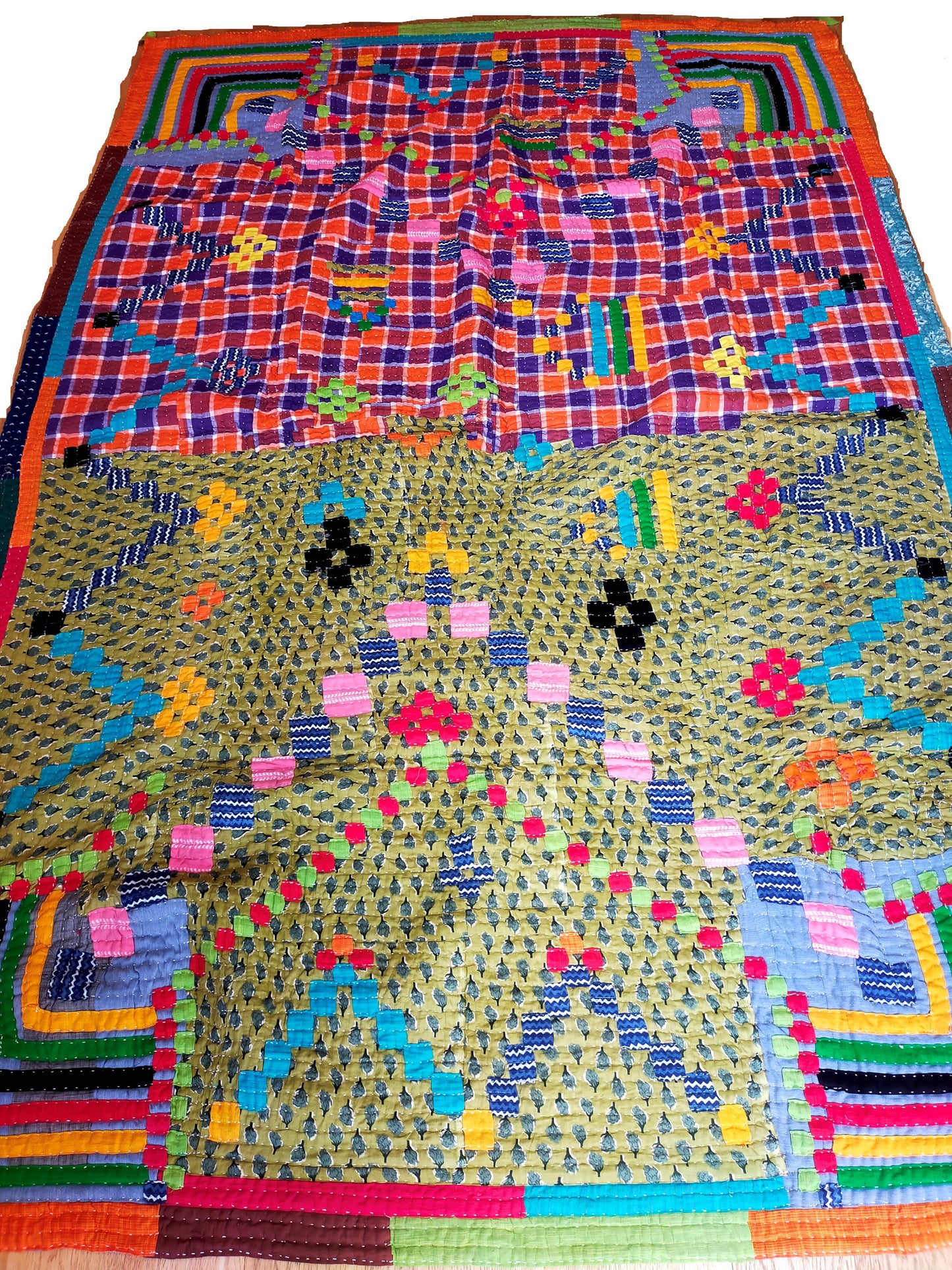 Siddi Kawandi - Patchwork Kantha Blanket Or Throw, Made With Up-Cycled Cotton - Hand-Stitched By African Indian Women In India