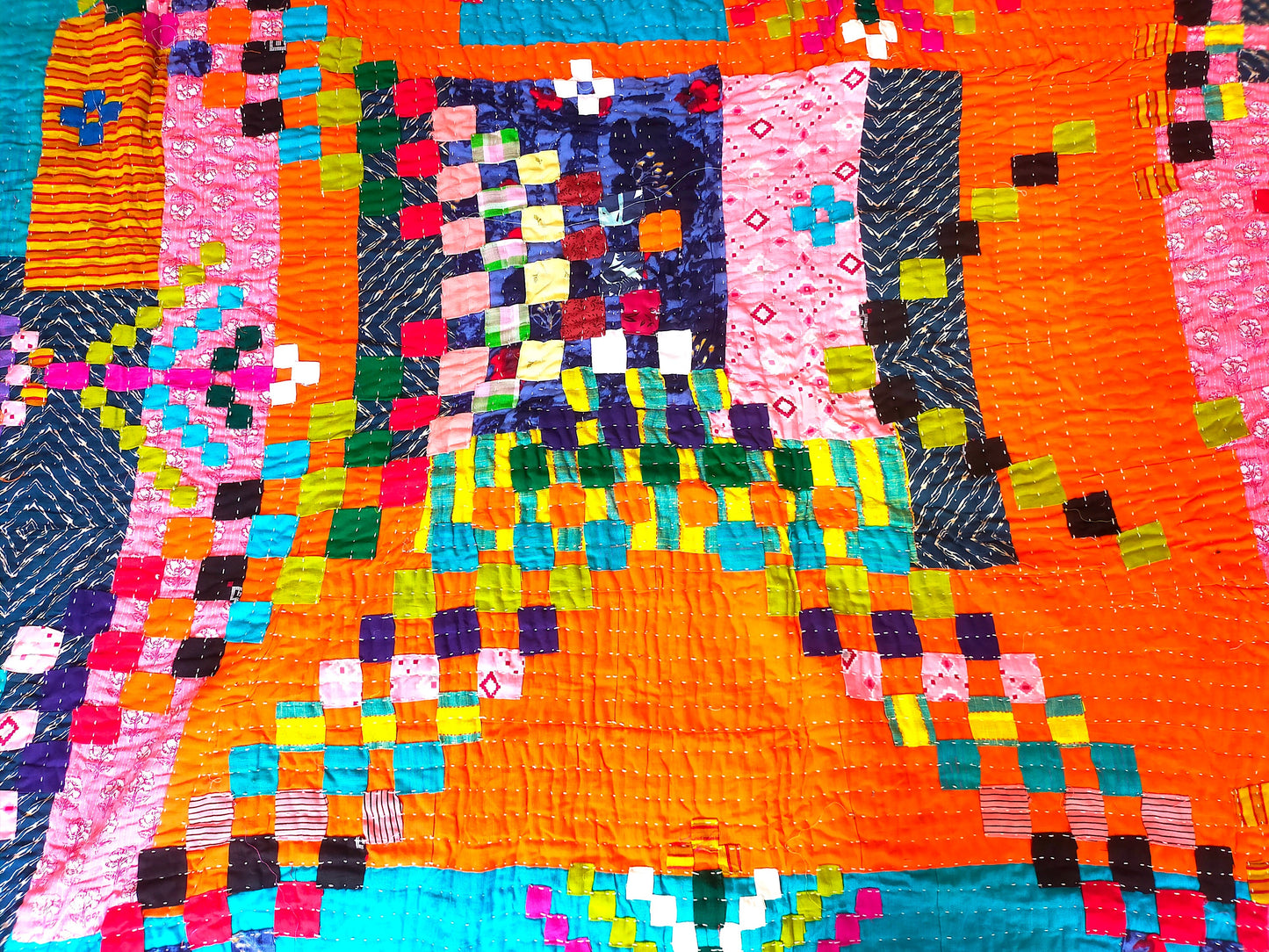 Hand-Stitched Siddi Kawandi Patchwork Quilt Made With Recycled Cotton In India Double Bed