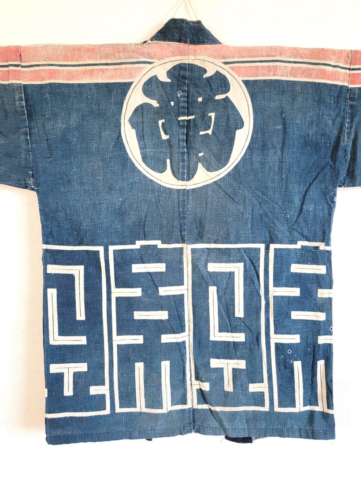 Vintage Japanese Indigo BORO Hanten Kimono With Red Sleeve Design