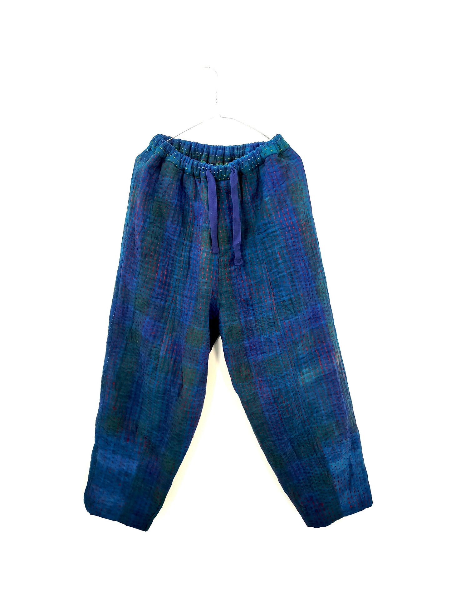 Indigo Vintage Cotton Patchwork Kantha Elasticated Trousers Pants, Naturally Dyed