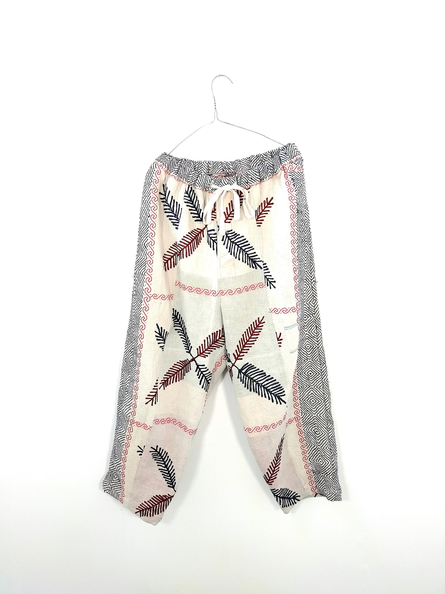 Vintage Cotton Kantha Elasticated Trousers Pants, Intricately Hand Stitched Embroidery