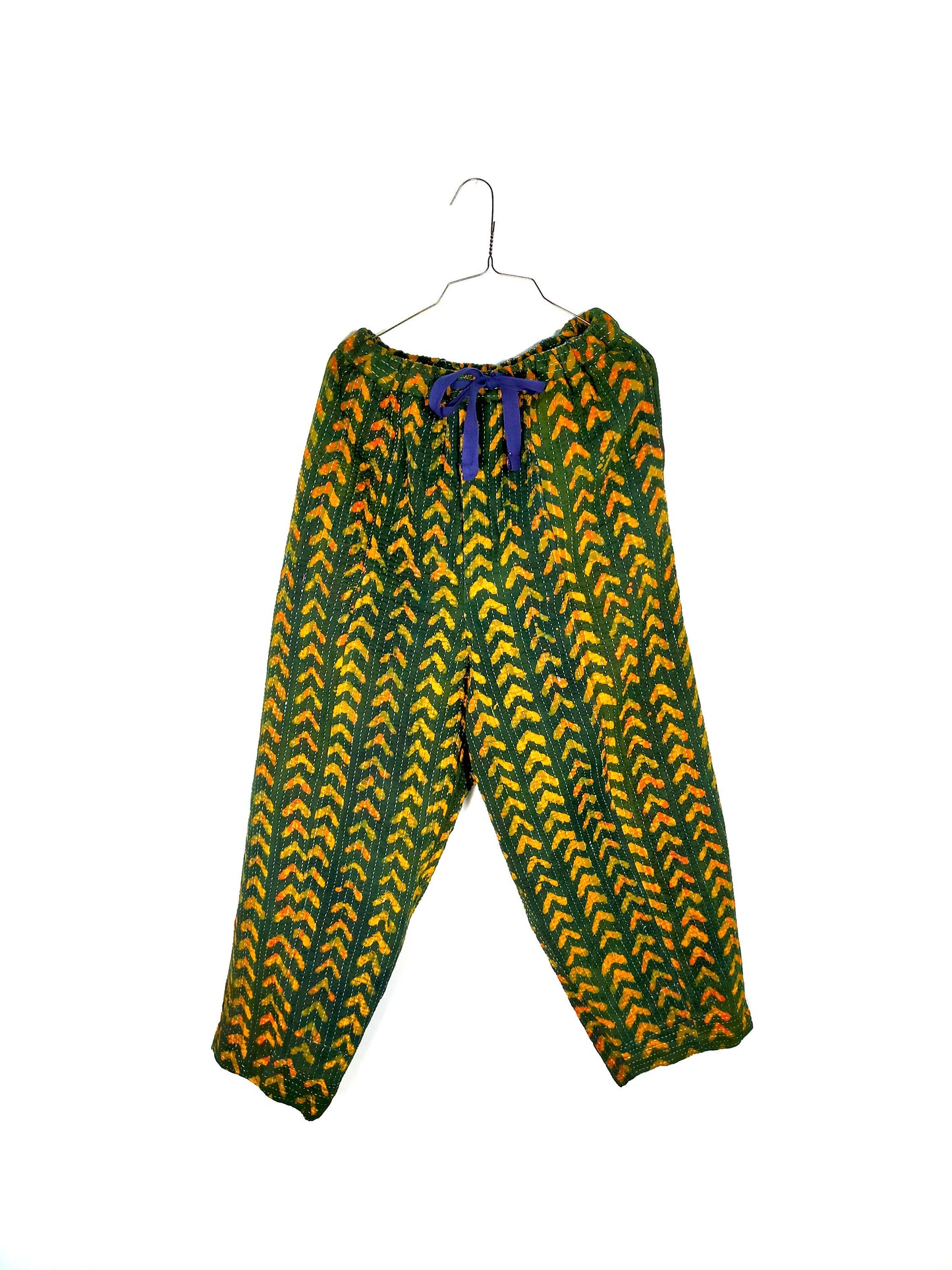 Vintage Cotton Kantha Elasticated Trousers Pants, Overdyed And Block Printed With Natural Indigo