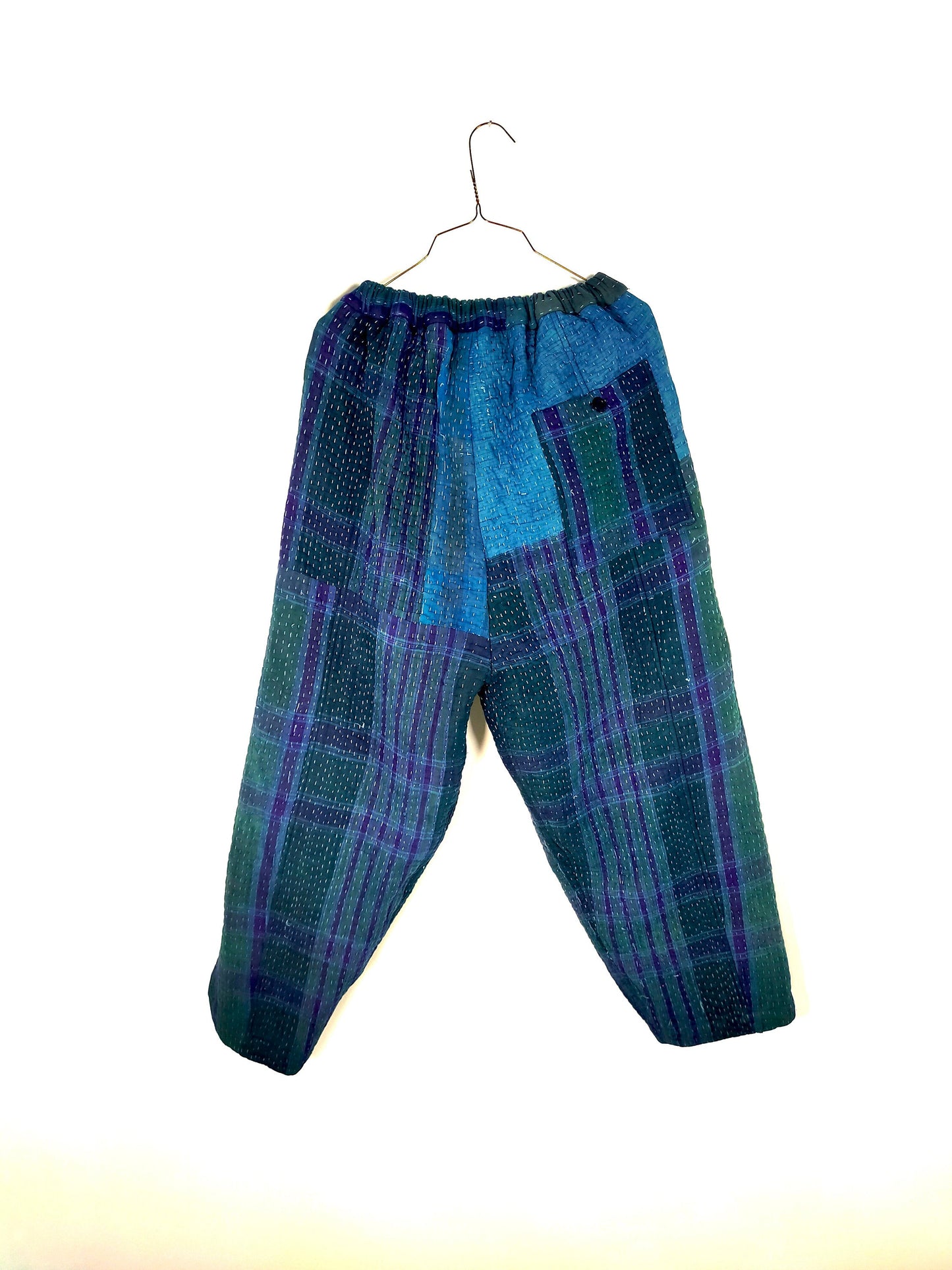 Vintage Cotton Kantha Elasticated Trousers Pants, Overdyed With Natural Indigo