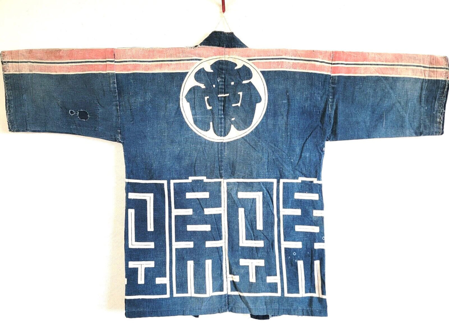 Vintage Japanese Indigo BORO Hanten Kimono With Red Sleeve Design