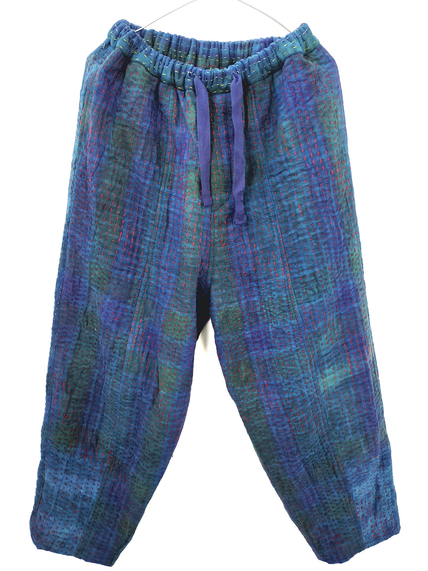 Indigo Vintage Cotton Patchwork Kantha Elasticated Trousers Pants, Naturally Dyed