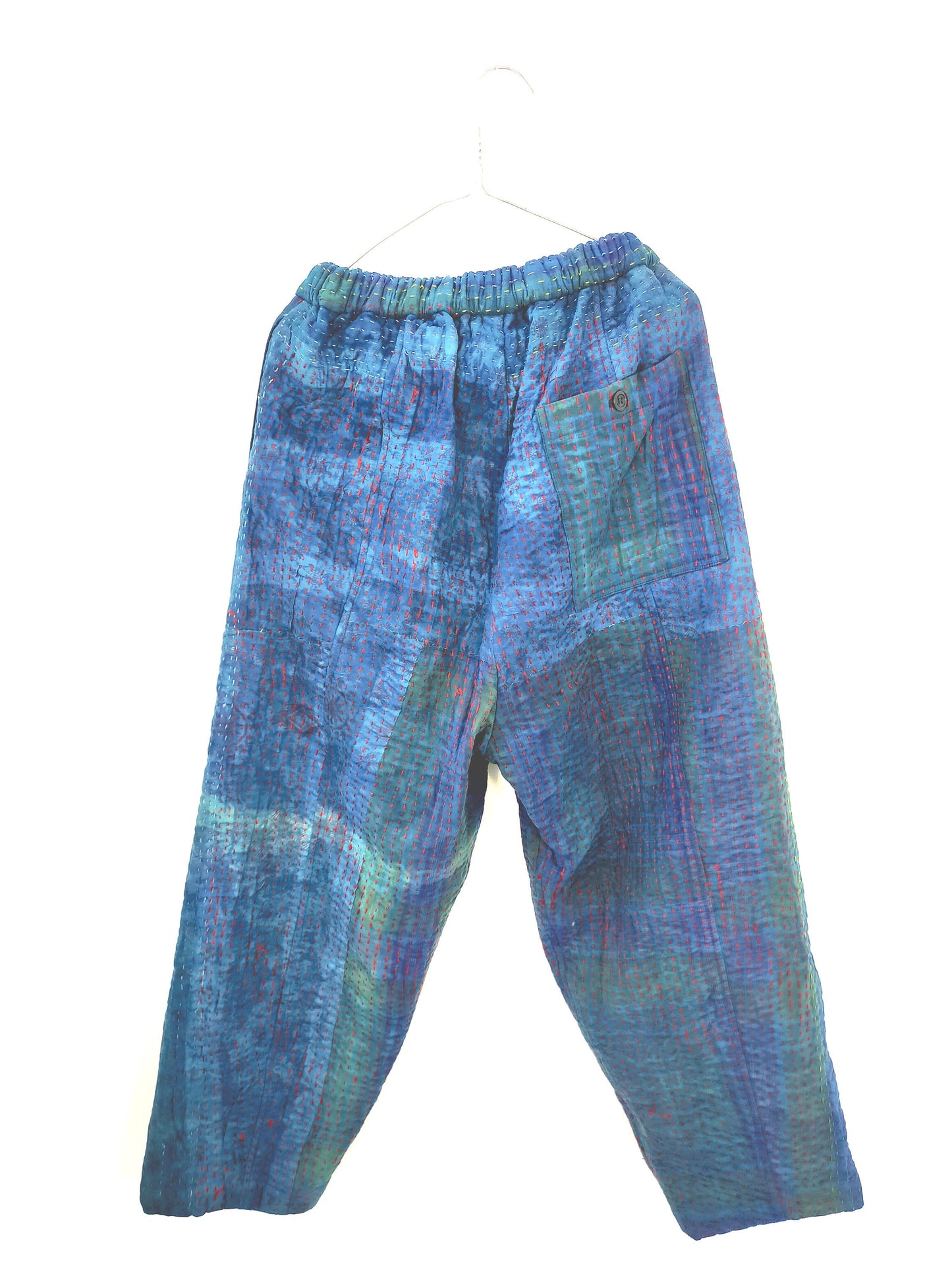 Indigo Vintage Cotton Patchwork Kantha Elasticated Trousers Pants, Naturally Dyed
