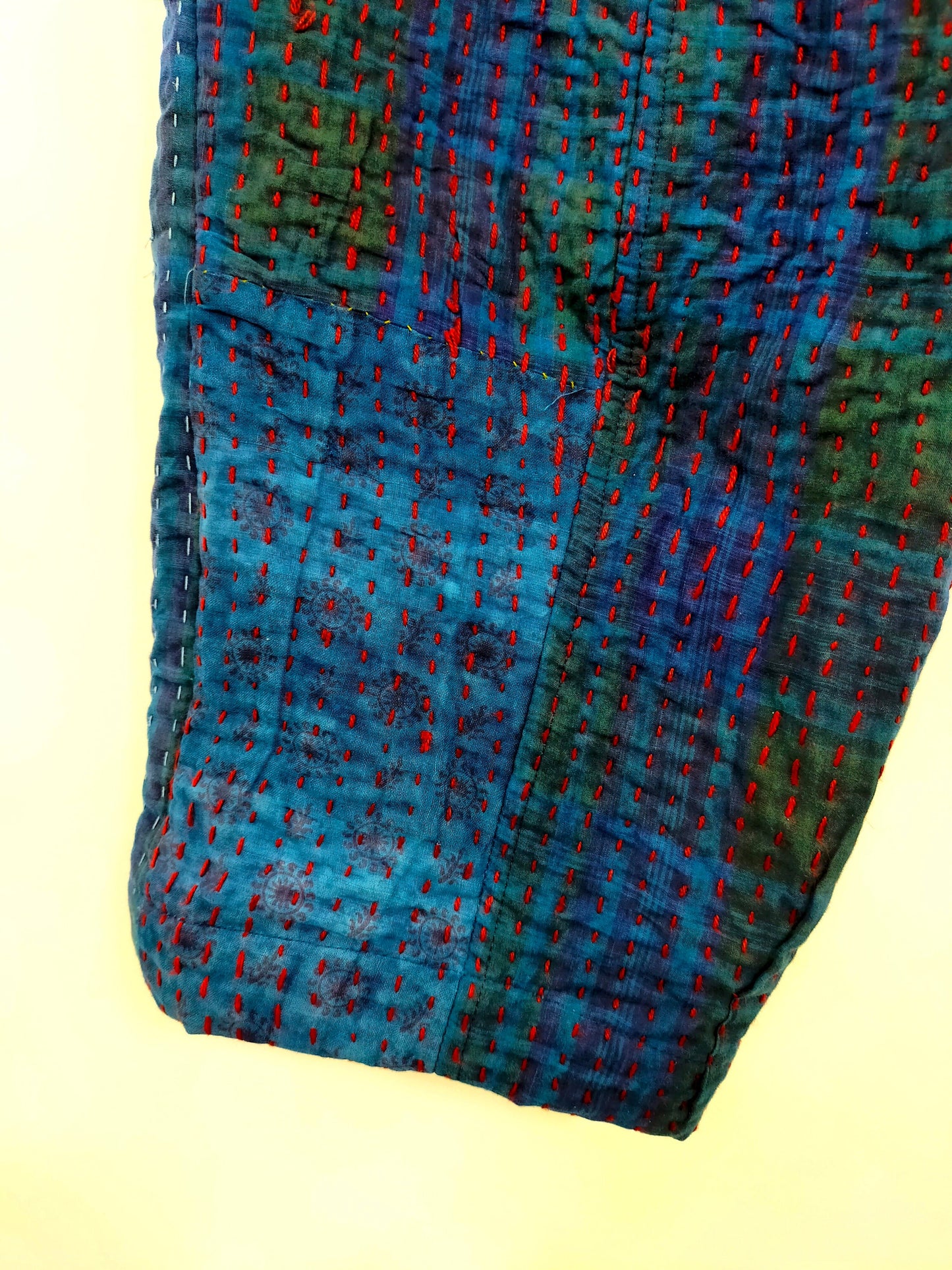 Indigo Vintage Cotton Patchwork Kantha Elasticated Trousers Pants, Naturally Dyed