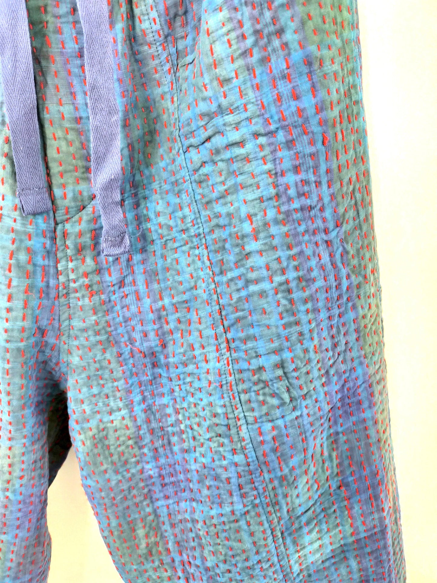 Indigo Vintage Cotton Patchwork Kantha Elasticated Trousers Pants, Naturally Dyed