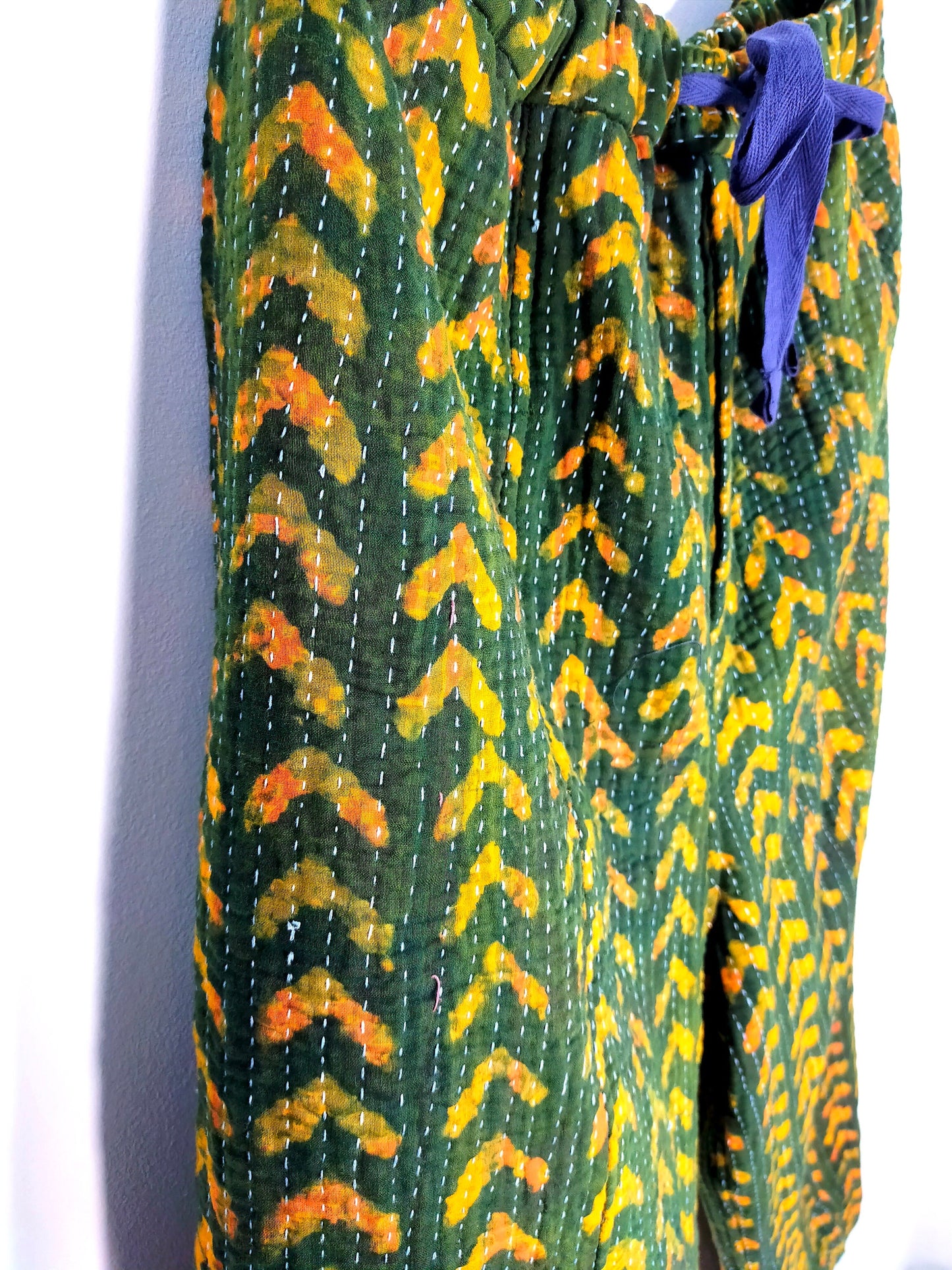 Vintage Cotton Kantha Elasticated Trousers Pants, Overdyed And Block Printed With Natural Indigo
