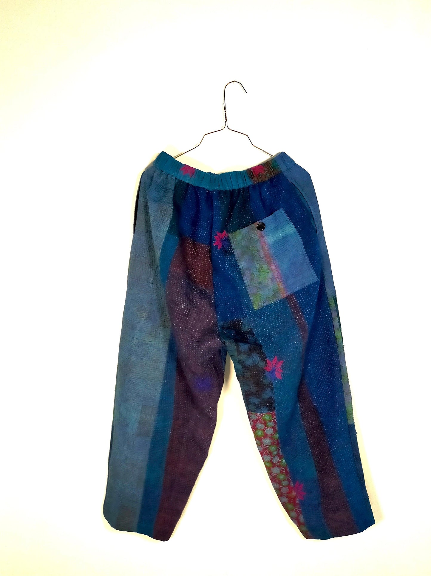 Vintage Cotton Kantha Elasticated Trousers Pants, Overdyed With Natural Indigo