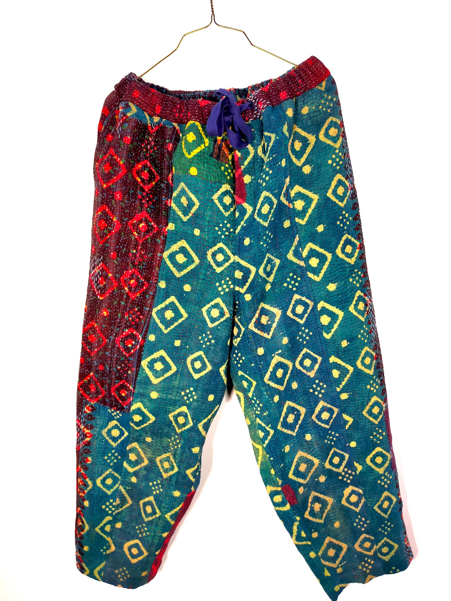 Indigo Cotton Kantha Elasticated Trousers Pants, Naturally Dyed