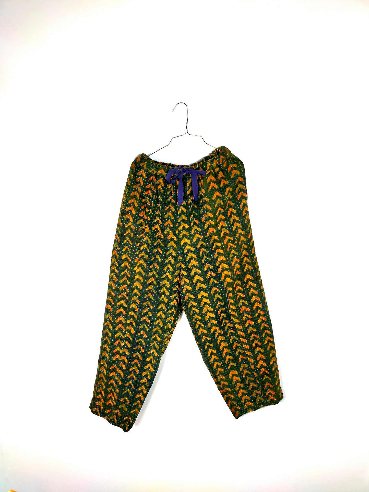 Vintage Cotton Kantha Elasticated Trousers Pants, Overdyed And Block Printed With Natural Indigo
