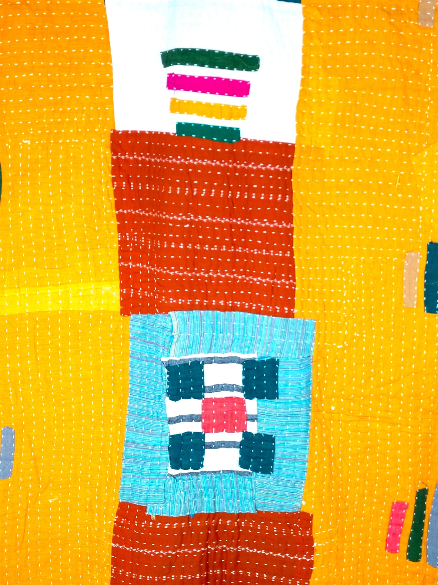 Siddi Tribal Patchwork Kawandi Kavand Single Quilted Kantha Blanket From India Bright Yellow Green