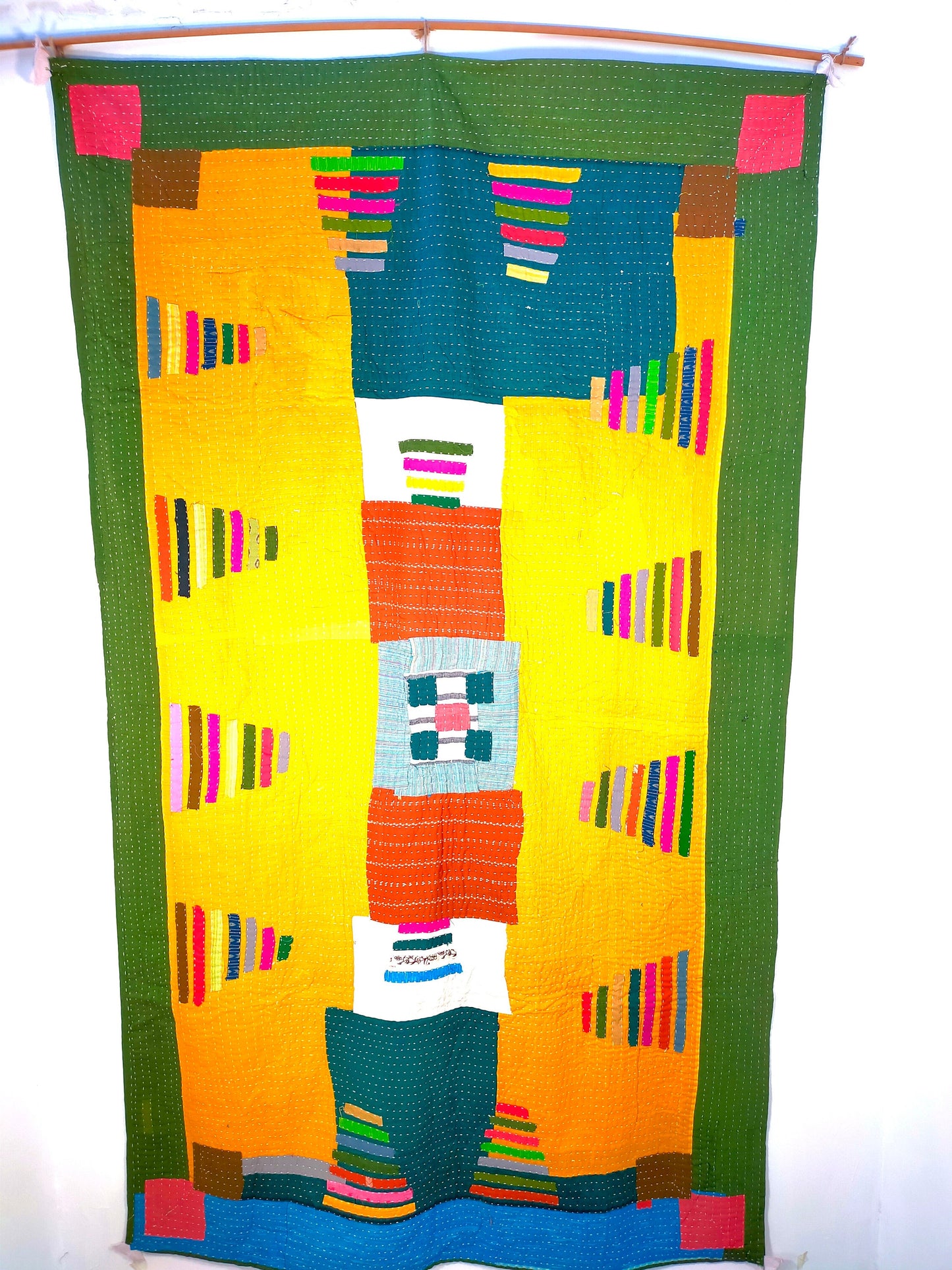 Siddi Tribal Patchwork Kawandi Kavand Single Quilted Kantha Blanket From India Bright Yellow Green